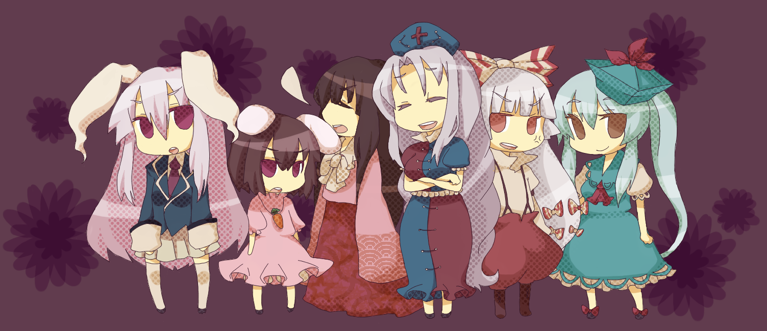 azuma seiji, fujiwara no mokou, houraisan kaguya, inaba tewi, kamishirasawa keine, reisen udongein inaba, yagokoro eirin, touhou, bad id, bad pixiv id, 6+girls, animal ears, black hair, chibi, everyone, female focus, hat, long hair, multiple girls, purple hair, rabbit ears, ribbon, short hair, white hair