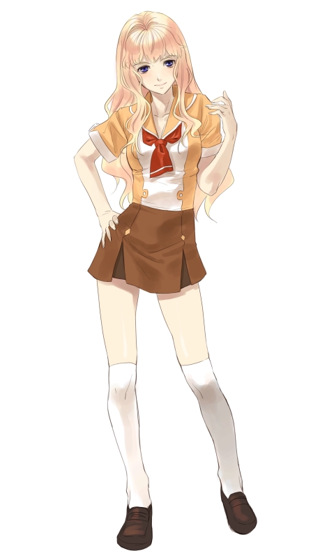 shimotsuki eight, sheryl nome, macross, macross frontier, bad id, bad pixiv id, 00s, 1girl, blue eyes, female focus, hand on own hip, kneehighs, legs, lips, long hair, school uniform, serafuku, shoes, skirt, smile, socks, solo