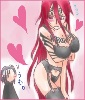 abarai renji, kuchiki byakuya, bleach, lowres, 00s, 1boy, 1girl, black panties, black thighhighs, blush, bra, breasts, cleavage, covering privates, embarrassed, fang, garter belt, genderswap, genderswap (mtf), hair between eyes, heart, highleg, highleg panties, large breasts, lingerie, long hair, open mouth, panties, red eyes, red hair, sweatdrop, tattoo, thighhighs, underwear, underwear only, very long hair
