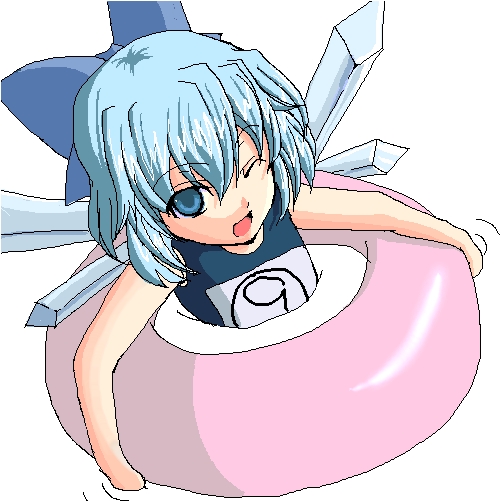 clockwork lovers, cirno, touhou, bad id, 1girl, blue eyes, blue hair, bow, circled 9, female focus, innertube, matching hair/eyes, name tag, one-piece swimsuit, one eye closed, ribbon, school swimsuit, solo, swim ring, swimsuit, wings, wink