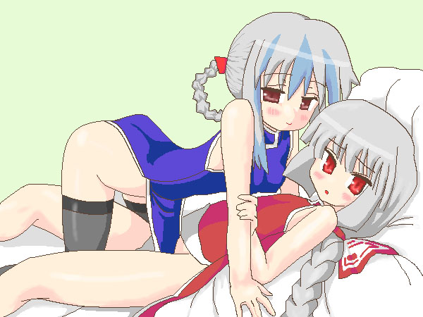 fujiwara no mokou, kamishirasawa keine, touhou, silver hair, 2girls, bare shoulders, black thighhighs, blush, braid, brown eyes, china dress, chinese clothes, dress, female focus, long hair, multiple girls, red eyes, ribbon, thighhighs