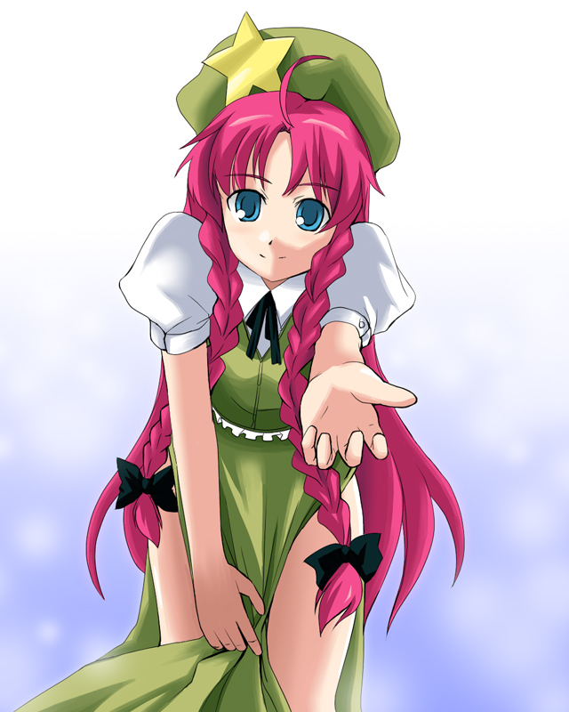 nodoka (artist), hong meiling, embodiment of scarlet devil, touhou, bad id, bad pixiv id, 1girl, blue eyes, braid, china dress, chinese clothes, dress, female focus, hat, long hair, red hair, ribbon, solo, twin braids