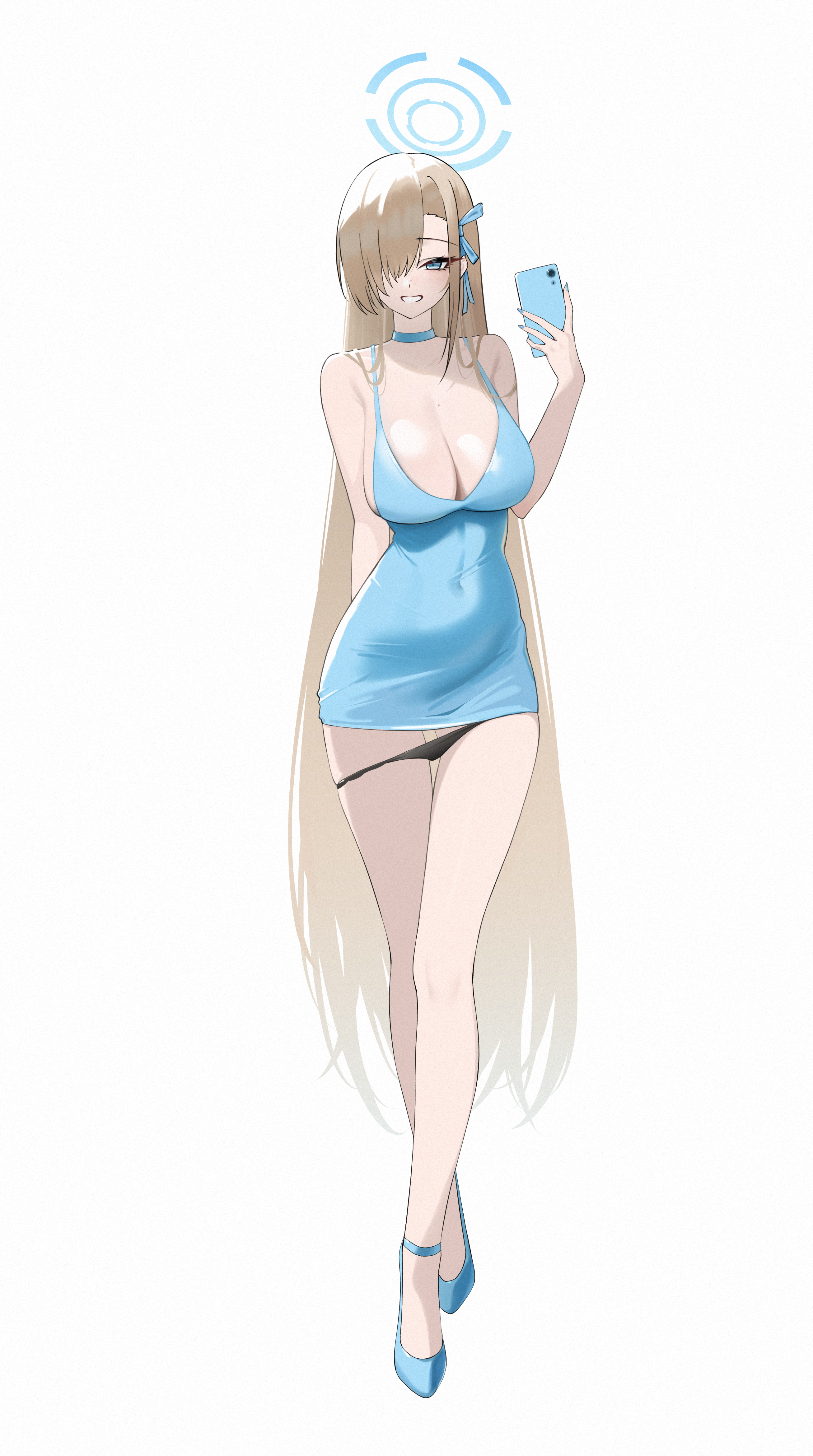 dongye1551, asuna (blue archive), blue archive, absurdres, commentary, highres, 1girl, alternate costume, ankle strap, asymmetrical bangs, bare legs, black panties, blonde hair, blue choker, blue dress, blue ribbon, blue shoes, breasts, cellphone, choker, cleavage, collarbone, covered navel, crossed legs, dress, fingernails, full body, hair over one eye, hair ribbon, halo, holding, holding phone, huge breasts, long hair, long legs, looking at viewer, mole, mole on breast, nail polish, one eye covered, panties, panty pull, phone, ribbon, shoes, sideboob, simple background, sleeveless, sleeveless dress, smartphone, smile, solo, straight hair, taut clothes, taut dress, underwear, very long hair, watson cross, white background