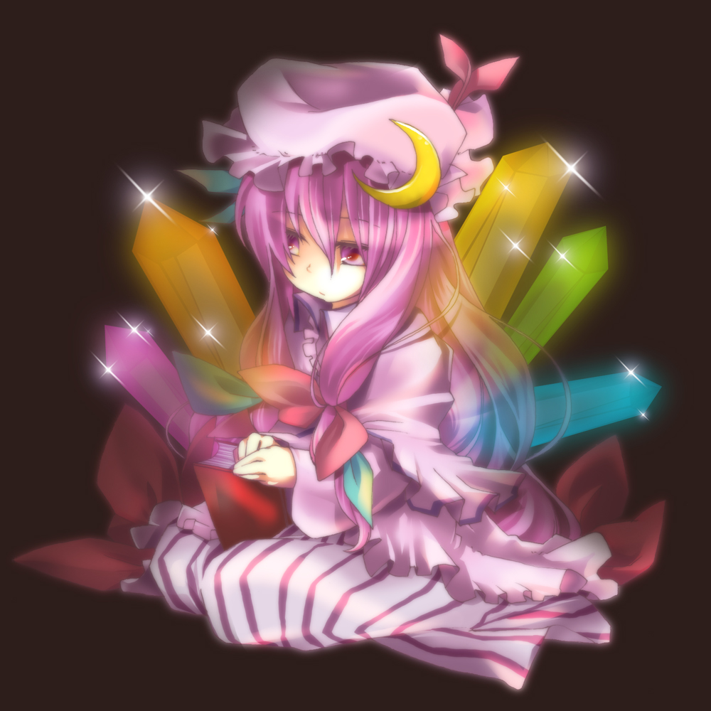 n:go, patchouli knowledge, touhou, 1girl, book, bow, crystal, female focus, hat, long hair, pink bow, purple hair, red eyes, ribbon, solo