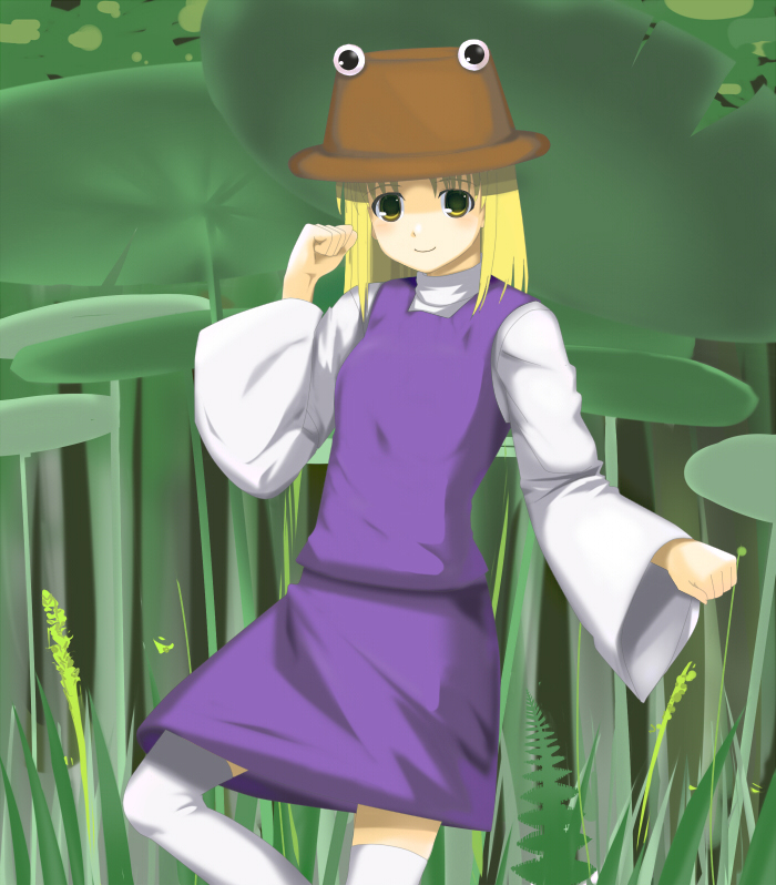 hareno chiame, moriya suwako, touhou, bad id, bad pixiv id, 1girl, blonde hair, female focus, hat, nature, outdoors, plant, ribbon, short hair, skirt, solo, thighhighs
