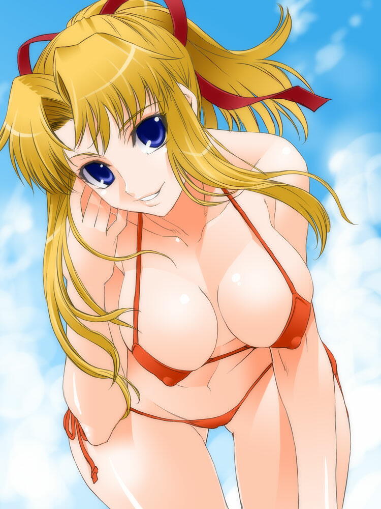 shinama, kiriya erika, tsuyokiss, 1girl, bikini, blonde hair, blue eyes, breasts, cleavage, covered erect nipples, day, female focus, hair ribbon, hanging breasts, large breasts, leaning forward, lowleg, lowleg bikini, ponytail, ribbon, side-tie bikini bottom, smile, solo, swimsuit, thigh gap, wide hips
