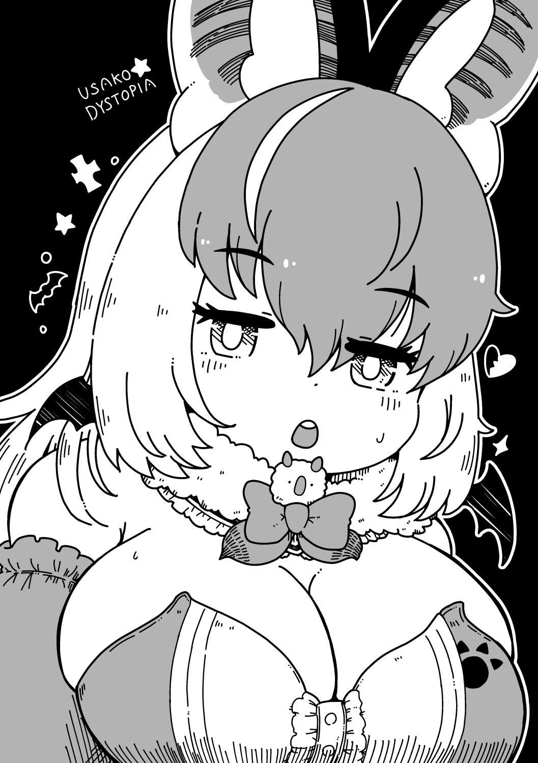 numazoko namazu, brown long-eared bat (kemono friends), kemono friends, kemono friends v project, highres, 1girl, animal ears, bat ears, bat girl, bat wings, black background, breasts, cleavage, elbow gloves, extra ears, gloves, greyscale, large breasts, leotard, long hair, looking at viewer, microphone, monochrome, multicolored hair, simple background, solo, streaked hair, upper body, virtual youtuber, wings