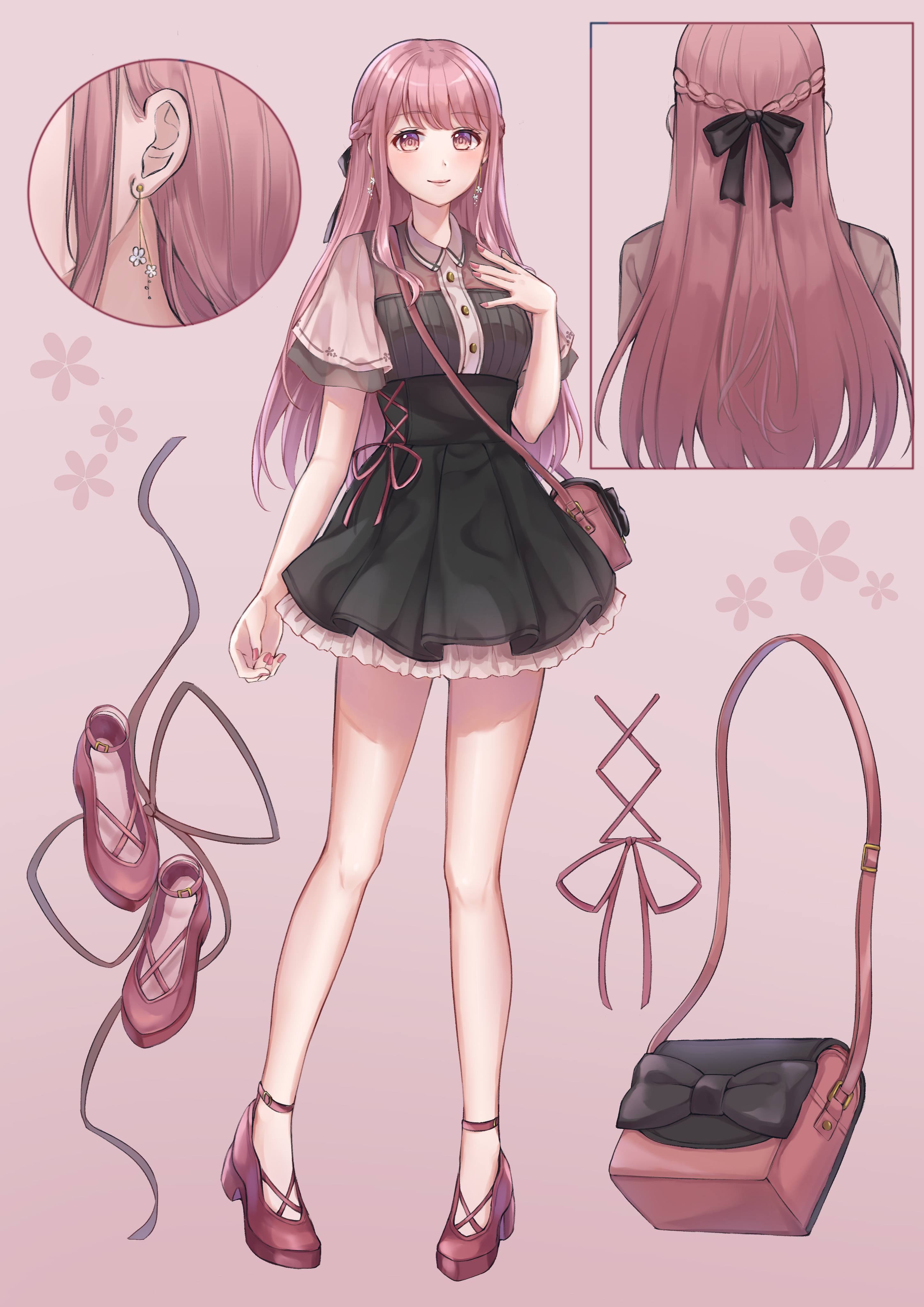 poe (528yuzunon), nikki (nikki), nikki (series), original, shining nikki, absurdres, commentary, english commentary, highres, 1girl, bag, bag bow, bare legs, black bag, black bow, black skirt, bow, braid, brown eyes, buckle, buttons, closed mouth, collared shirt, cross-laced clothes, cross-laced skirt, dot nose, earrings, eyelashes, floral background, frilled skirt, frilled sleeves, frills, full body, grey shirt, hair bow, half up half down braid, happy, high-waist skirt, high heels, jewelry, light blush, lipstick, long hair, makeup, miniskirt, nail polish, pink background, pink bag, pink hair, pink nails, pink ribbon, pleated skirt, pumps, red shoes, reference sheet, ribbon, shirt, shoes, short sleeves, shoulder bag, sidelocks, skirt, smile, standing, striped clothes, striped shirt, two-tone bag, vertical-striped clothes, vertical-striped shirt, very long hair, white sleeves