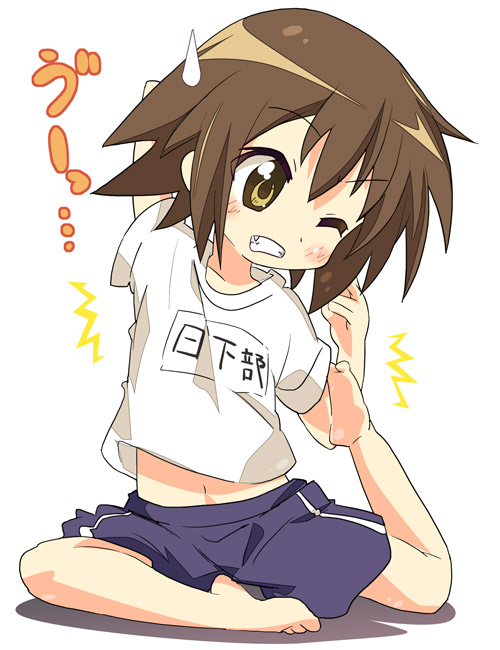 ixy, kusakabe misao, lucky star, 00s, ^^^, barefoot, brown eyes, brown hair, character name, full body, gym uniform, midriff, navel, plantar flexion, short hair, simple background, solo, stretching, sweatdrop, white background, yoga