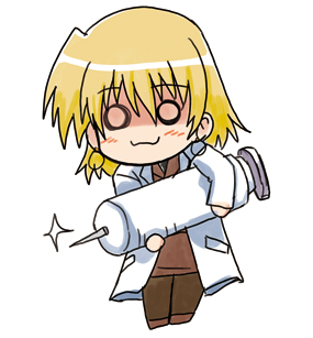 yokoyama kouji, shamal, lyrical nanoha, mahou shoujo lyrical nanoha, mahou shoujo lyrical nanoha strikers, lowres, 00s, 1girl, :3, blonde hair, chibi, female focus, lab coat, medical, o o, oversized object, pantyhose, solo, syringe