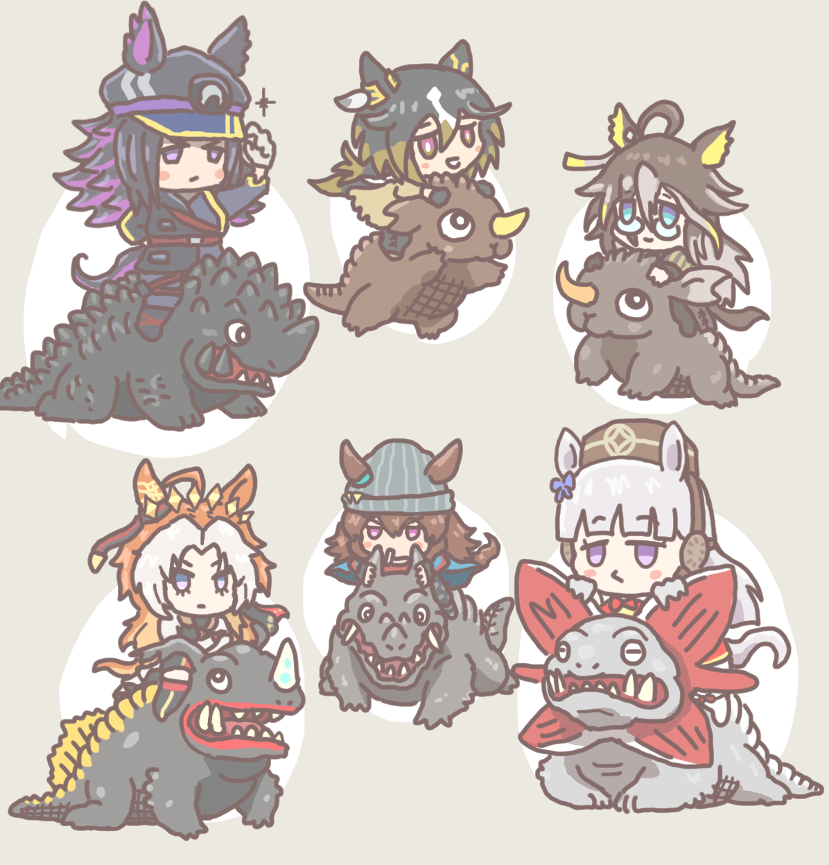 pikpik0109, baragon (godzilla), stay gold (umamusume), godzilla (series), ultra series, umamusume, highres, animal ears, beanie, black hair, brown hair, giant, giant monster, hat, horse ears, horse girl, kaiju, kaiju (sakanaction), multicolored hair, multiple girls, stay gold clan (umamusume), white hair