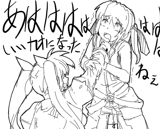 rkrk, takamachi nanoha, teana lanster, lyrical nanoha, mahou shoujo lyrical nanoha, mahou shoujo lyrical nanoha strikers, 00s, 2girls, belt, buckle, greyscale, jacket, lifting person, magical girl, monochrome, multiple girls, neck lift, open clothes, open jacket, sketch, strangling, twintails, white devil