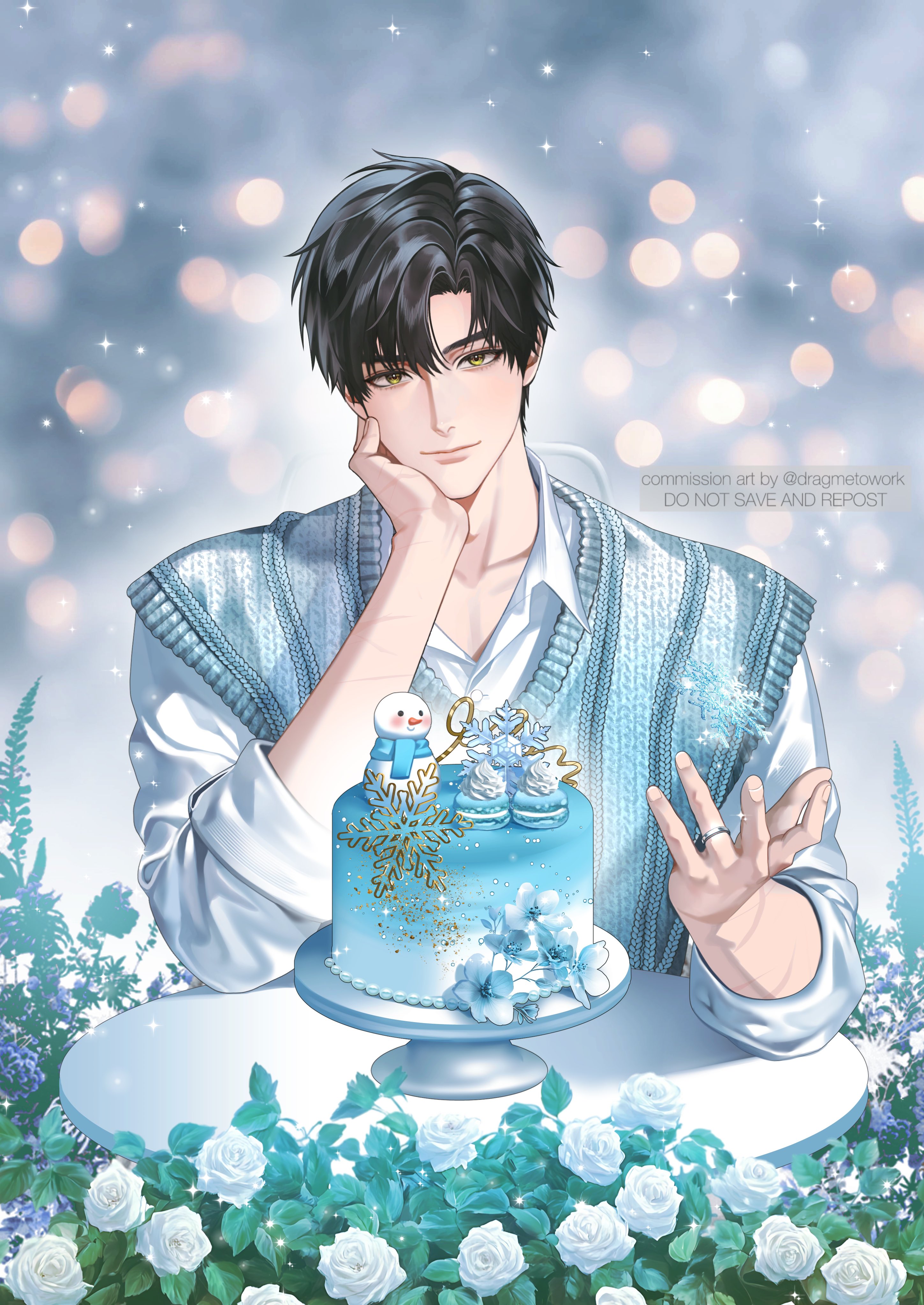 onegingek, zayne (love and deepspace), love and deepspace, absurdres, commission, highres, 1boy, aegyo sal, birthday cake, black hair, blue vest, blurry, blurry background, cake, closed mouth, collarbone, collared shirt, eyes visible through hair, flower, food, green eyes, hair over one eye, hand on own face, jewelry, light smile, lips, long sleeves, looking at viewer, male focus, parted bangs, pov across table, ring, rose, round table, scar, scar on arm, shirt, short hair, sleeves rolled up, solo, sweater vest, table, upper body, vest, white flower, white rose