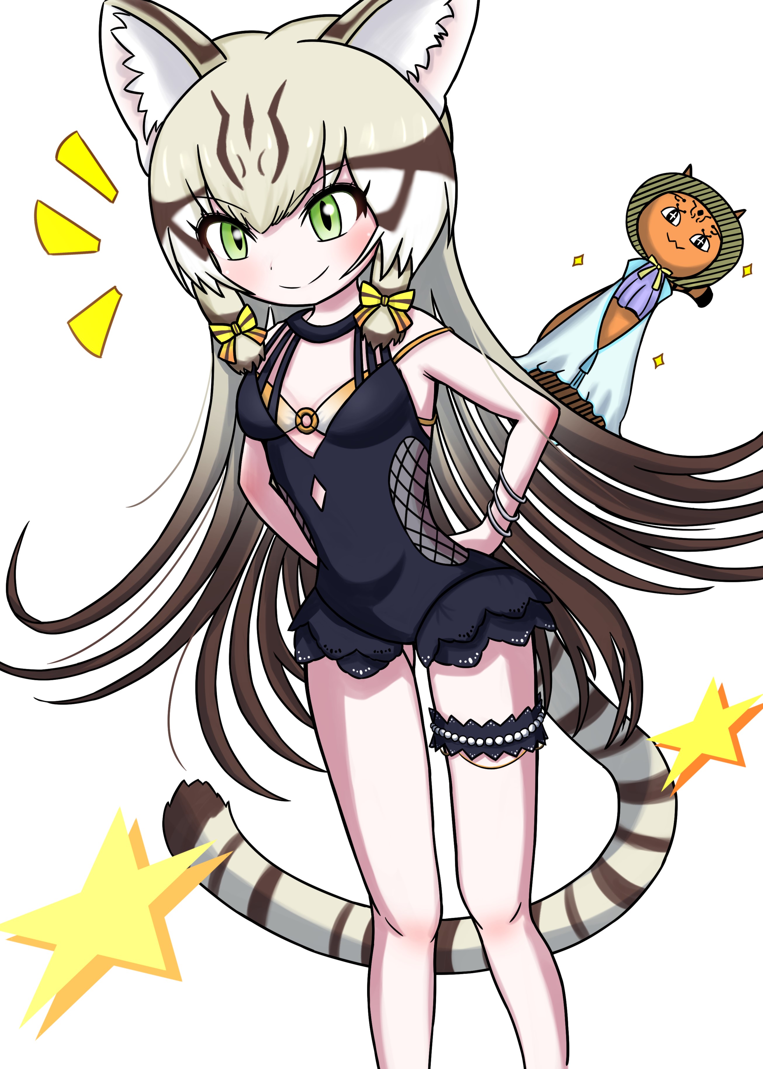 equalarrow, geoffroy's cat (kemono friends), kemono friends, kemono friends v project, absurdres, highres, 1girl, animal, animal ears, black dress, cat, cat ears, cat girl, cat tail, dress, extra ears, green eyes, grey hair, long hair, looking at viewer, ribbon, simple background, star (symbol), tail, virtual youtuber