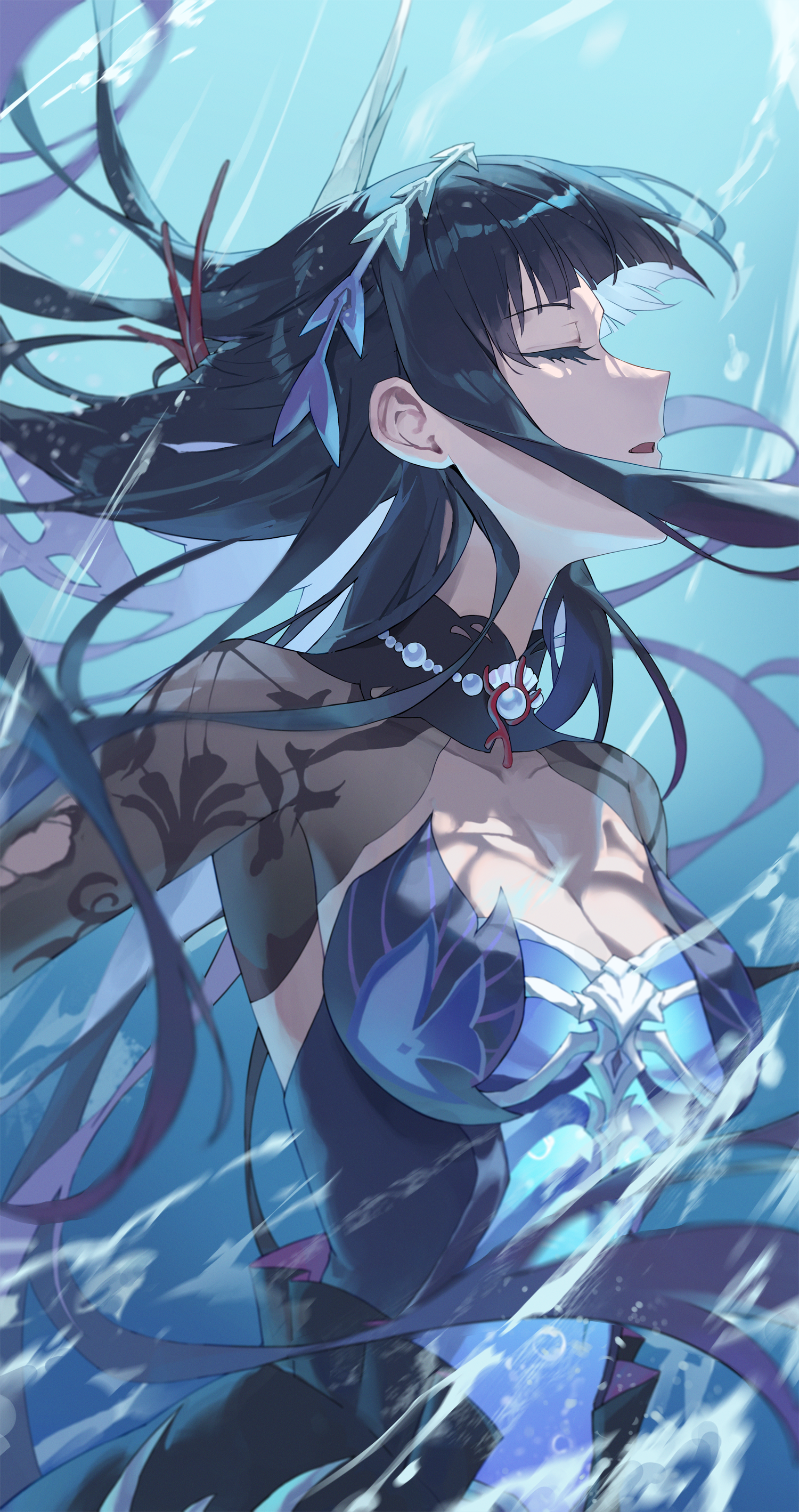 dawon, hysilens (honkai: star rail), honkai: star rail, honkai (series), absurdres, commentary, highres, 1girl, black hair, black shrug, blue hair, breasts, bubble, cleavage, closed eyes, collarbone, colored inner hair, dress, floating hair, forward-facing horns, hair ornament, horns, long hair, long sleeves, medium breasts, multicolored hair, parted lips, profile, purple dress, see-through body, shrug (clothing), solo, underwater