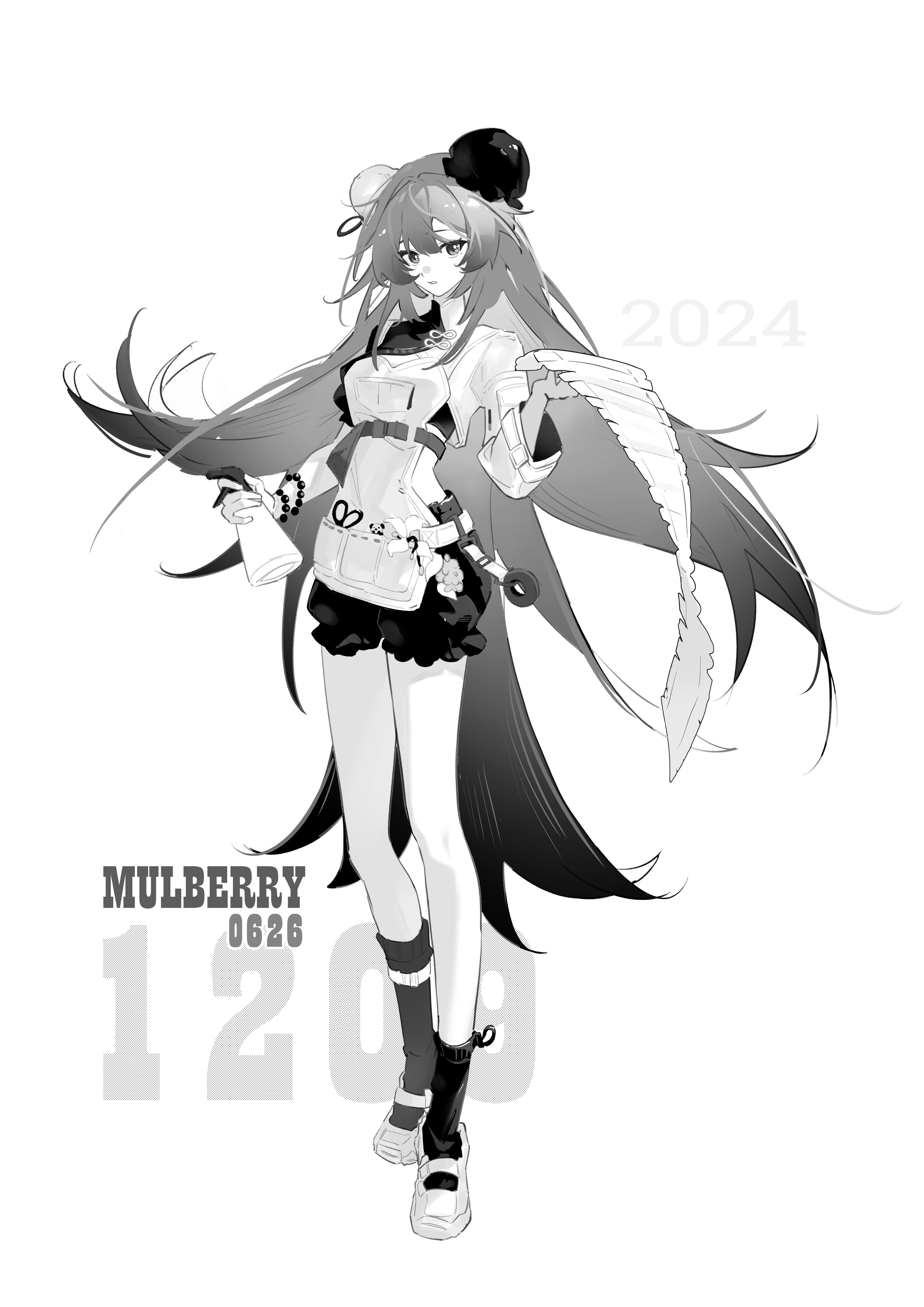 huazihuazihz, mulberry (arknights), arknights, absurdres, chinese commentary, commentary request, highres, 1girl, beads, character name, double bun, full body, greyscale, hair between eyes, hair bun, holding, kneehighs, long hair, looking at viewer, monochrome, object in pocket, parted lips, pocket, scissors, shoes, short shorts, shorts, simple background, socks, solo, standing, very long hair, white background