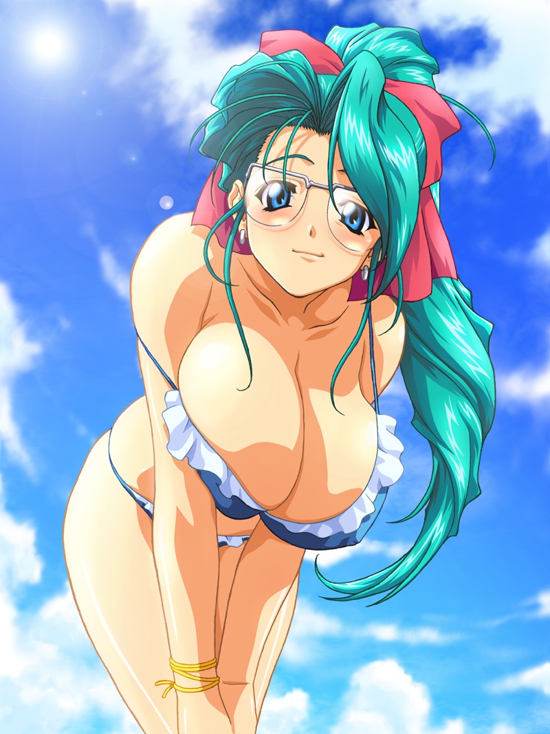 sakura mayumi, lovers (game), reference work, 1girl, bent over, bikini, blue bikini, blue eyes, bracelet, breasts, cleavage, cloud, cowboy shot, day, earrings, female focus, frilled bikini, frills, glasses, green hair, high ponytail, hoop earrings, huge breasts, jewelry, large breasts, leaning forward, lens flare, long hair, ponytail, ribbon, skindentation, sky, solo, swimsuit, wavy hair
