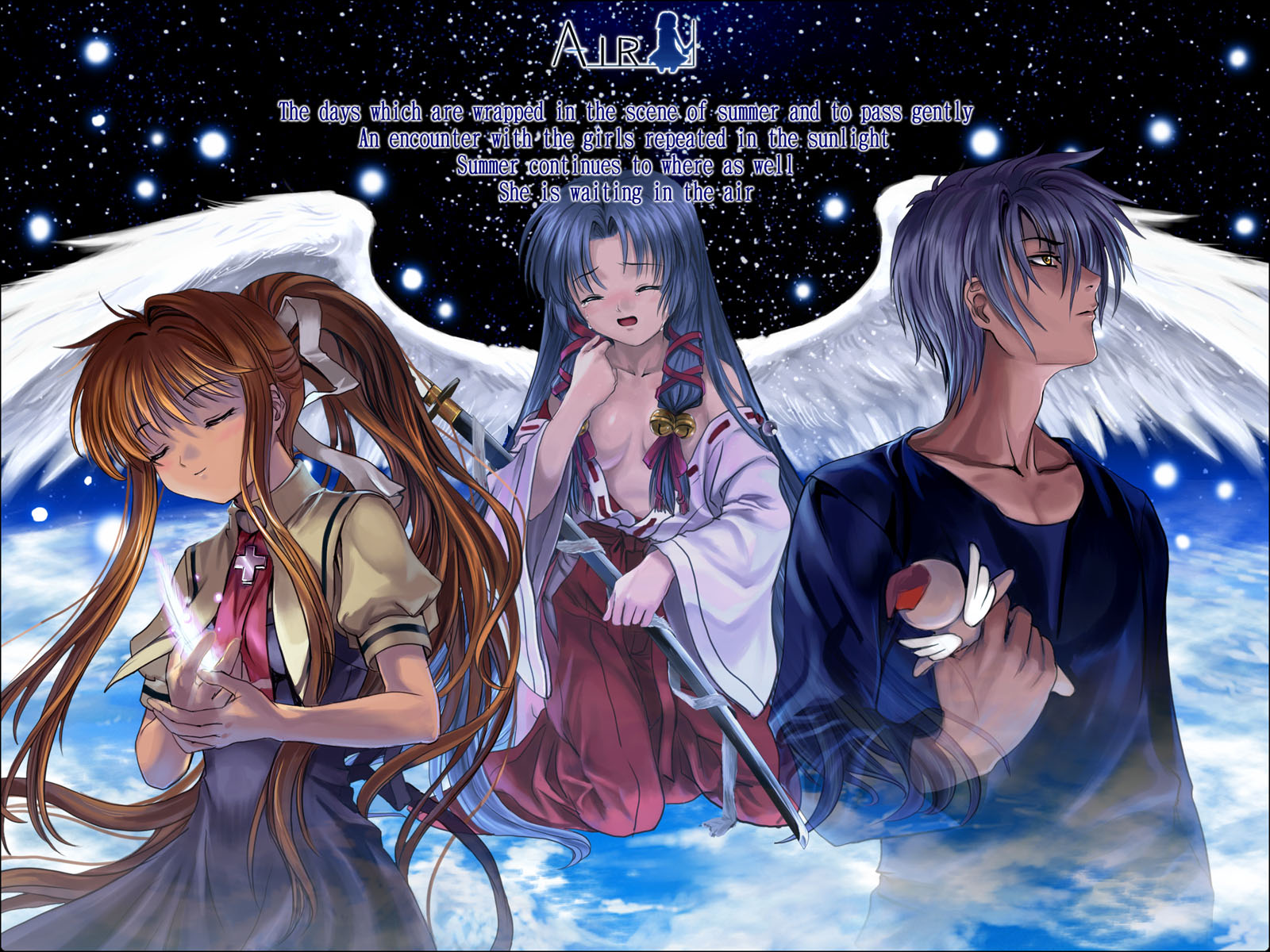 kamio misuzu, kannabi no mikoto, kunisaki yukito, air (visual novel), highres, 00s, angel, key, wings