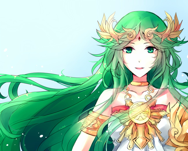 camiruchi, palutena, kid icarus, kid icarus uprising, nintendo, 1girl, blue background, chain, circlet, collarbone, floating hair, gold chain, green eyes, green hair, jewelry, looking at viewer, pendant, signature, solo, upper body