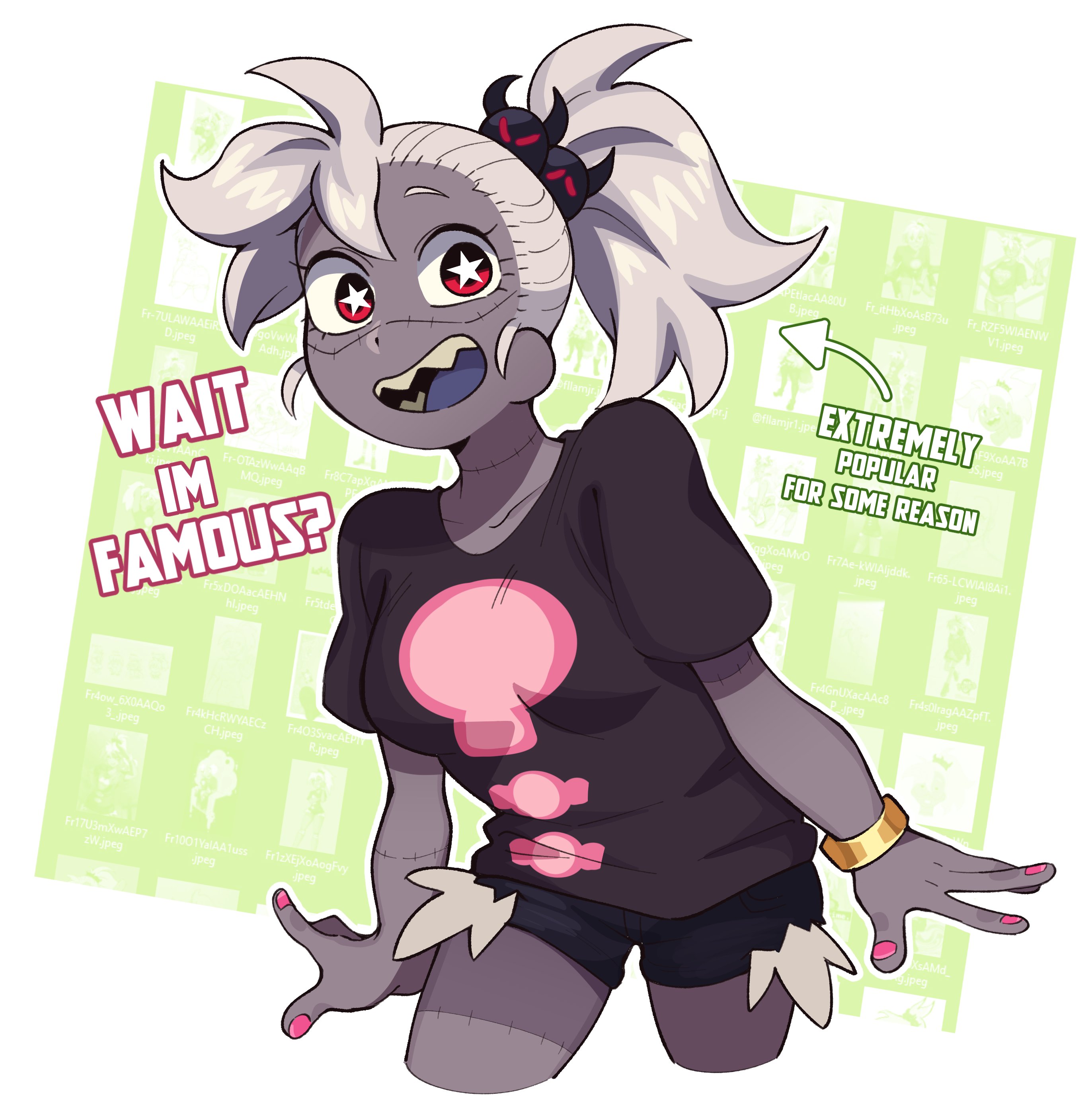 maejpg ., hololive, hololive english, original, absurdres, highres, 1girl, black shirt, black shorts, bracelet, colored skin, gold bracelet, grey hair, grey skin, jewelry, open mouth, pink nails, ponytail, red eyes, shirt, short shorts, short sleeves, shorts, star-shaped pupils, star (symbol), stitched arm, stitched face, stitches, symbol-shaped pupils, tibia (maejpg), zombie
