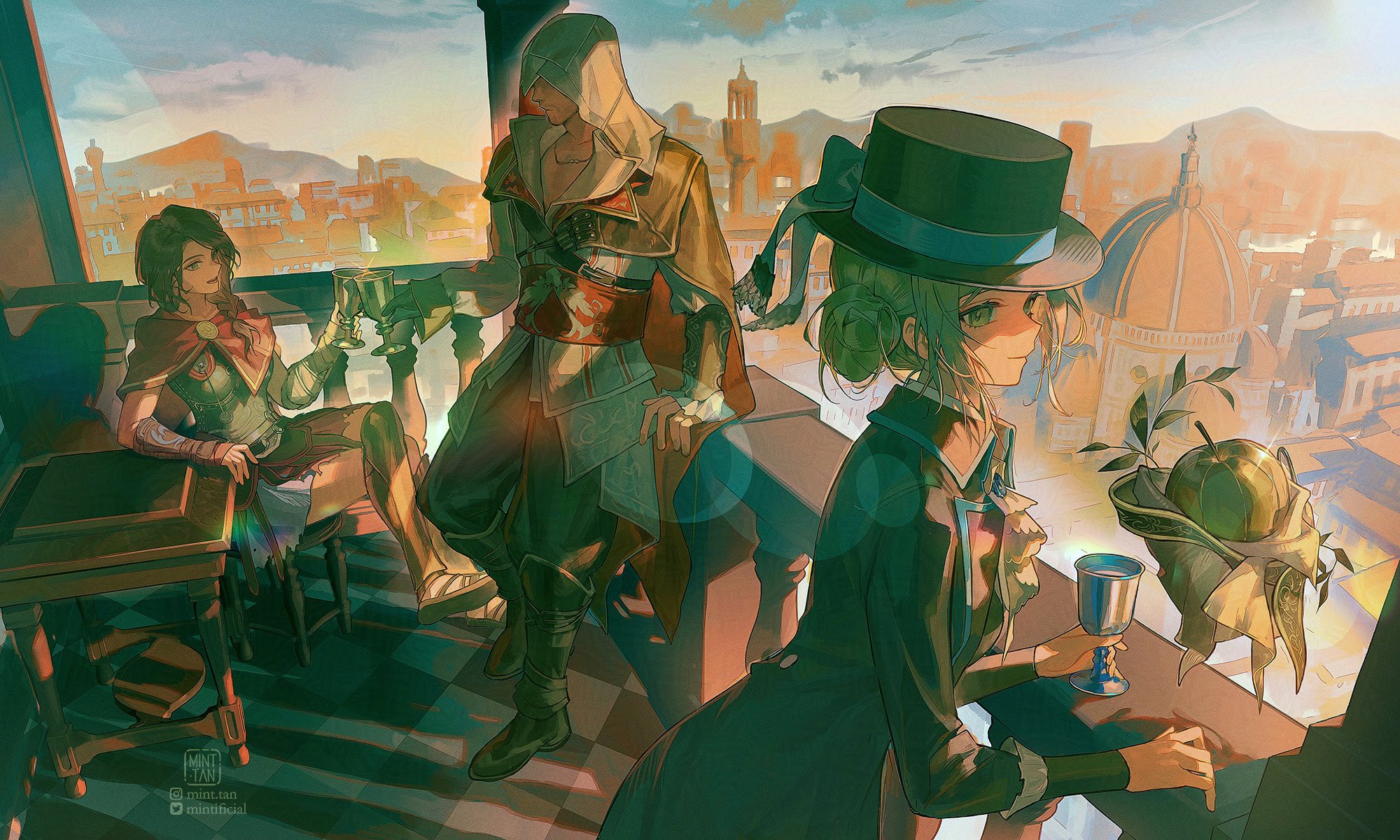 mint-tan, apple (reverse:1999), ezio auditore da firenze, vertin (reverse:1999), assassin's creed (series), reverse:1999, commentary, english commentary, highres, 1boy, 2girls, apple (the fruit of wisdom) (reverse:1999), black hat, black suit, blue ribbon, boots, brown hair, cape, closed mouth, crossover, cup, formal clothes, hair bun, hat, hat ribbon, holding, holding cup, kassandra of sparta, light frown, long hair, long sleeves, looking at another, looking to the side, multiple girls, open mouth, ribbon, short hair, sitting, standing, suit, toasting (gesture)