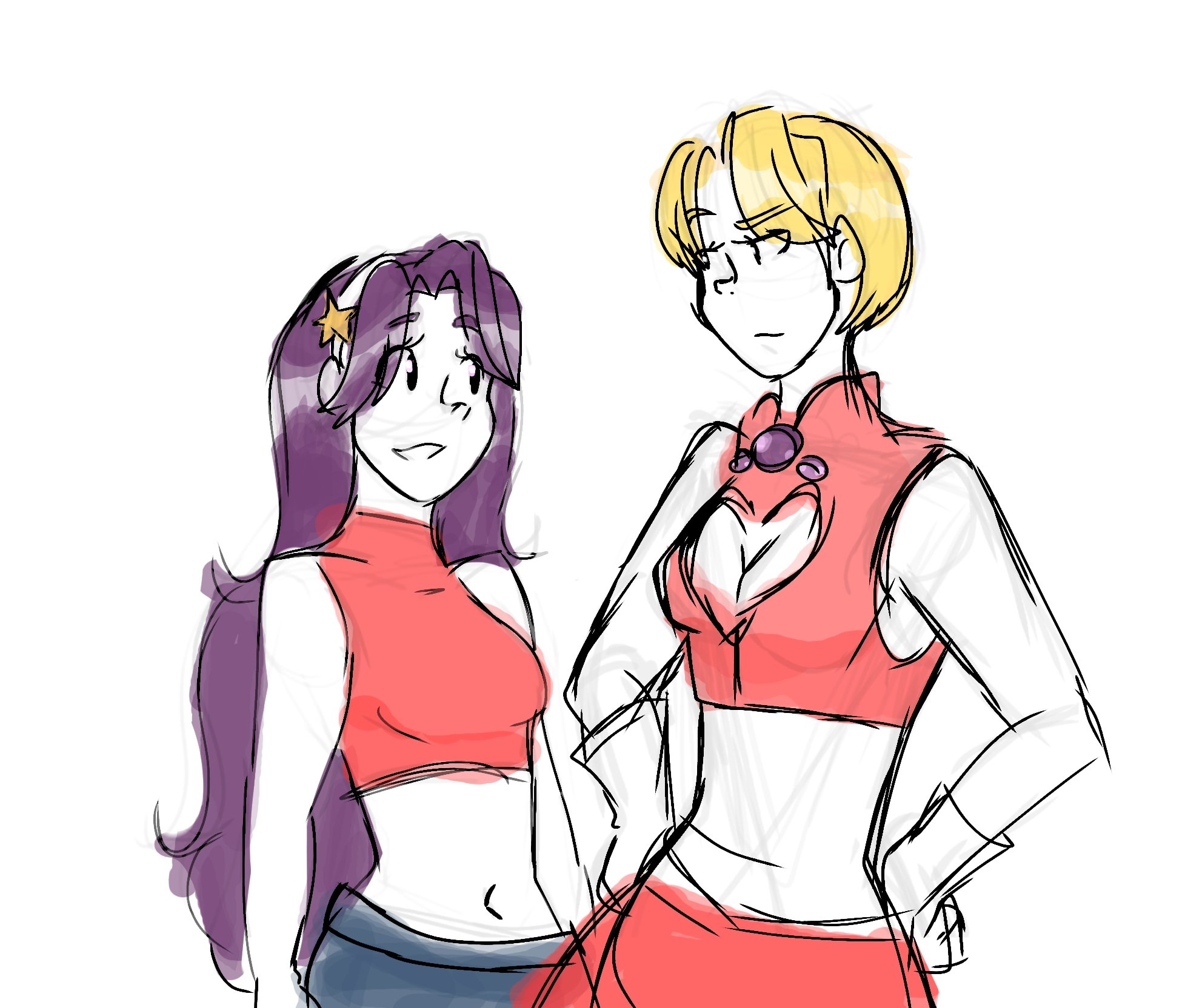 asamiya athena, blue mary, the king of fighters, 2girls, arcangeldivin0, blonde hair, breasts, cleavage, cleavage cutout, clothing cutout, female focus, gloves, hairband, heart, long hair, medium breasts, multiple girls, purple hair, shirt, short hair, star (symbol), tank top, wide hips