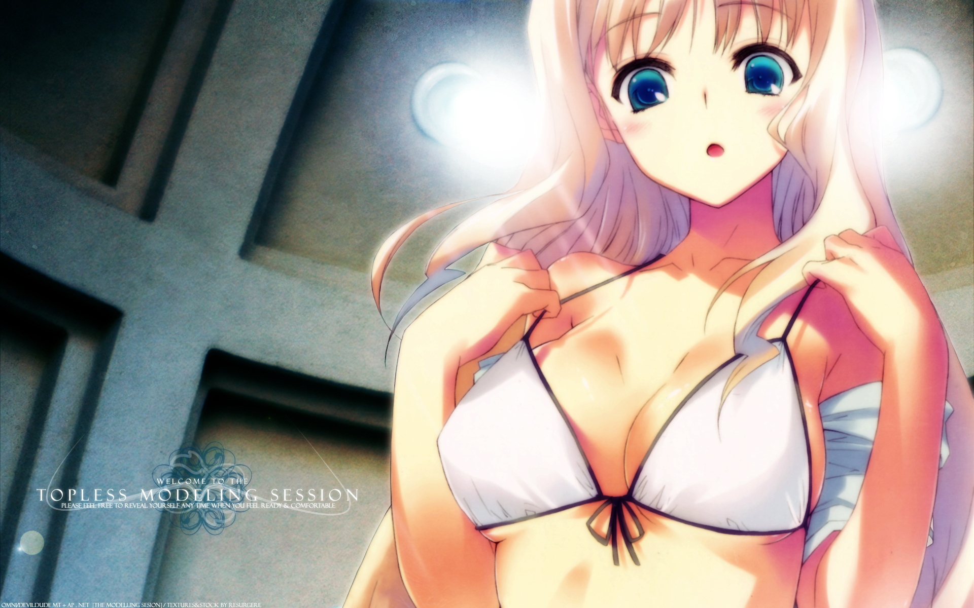 kawata hisashi, kusugawa sasara, to heart, to heart (series), wall, highres, 1girl, bikini, blonde hair, blue eyes, blush, breasts, cleavage, collarbone, female focus, long hair, looking at viewer, medium breasts, open clothes, open mouth, open shirt, shirt, short sleeves, solo, standing, swimsuit, upper body, white bikini, white shirt