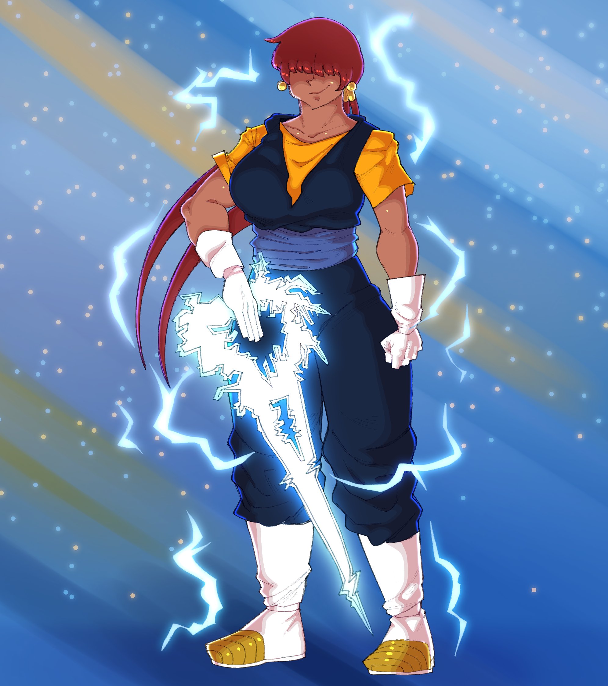 1shermieaday, shermie (kof), the king of fighters, 1girl, boots, breasts, curvy, dark-skinned female, dark skin, earrings, female focus, gloves, huge breasts, jewelry, large breasts, long hair, muscular, ponytail, red hair, saiyan, smile, smiley face, standing, tan, thick thighs, thighs, toned, toned female, twintails, wide hips
