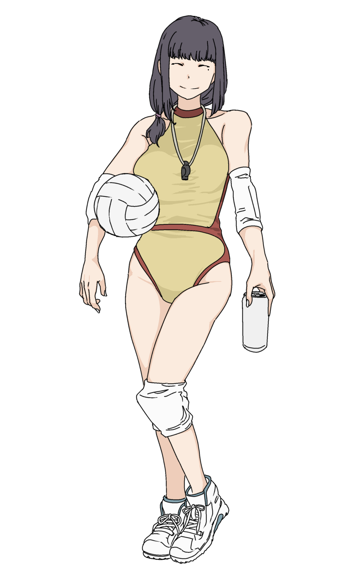skrmtl, kotani sayaka, houkago teibou nisshi, highres, 1girl, ball, black hair, can, closed eyes, drink can, elbow pads, knee pads, long hair, mature female, mole, mole under eye, one-piece swimsuit, shoes, sneakers, solo, swimsuit, volleyball (object), whistle, whistle around neck, white background