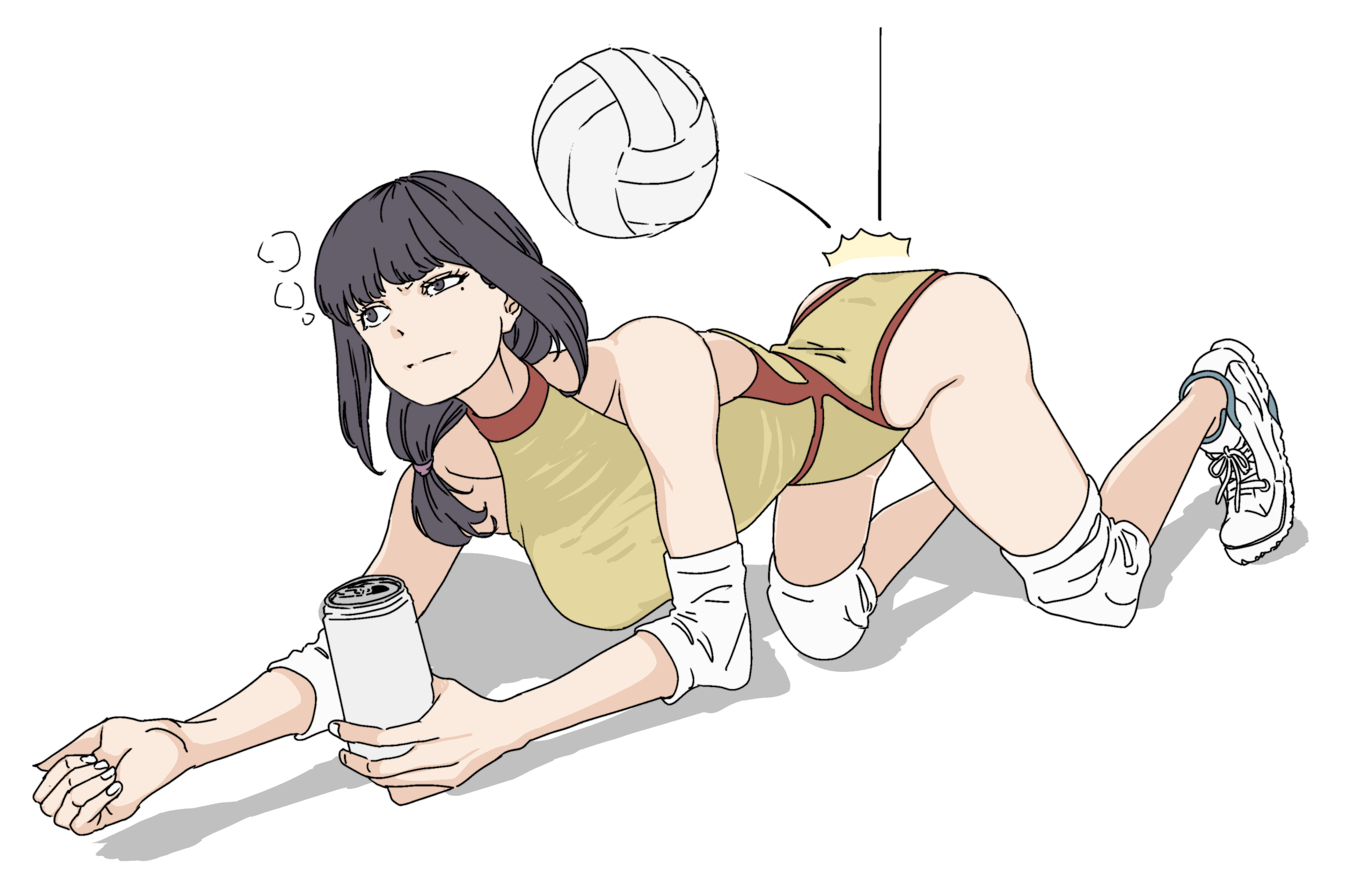 skrmtl, kotani sayaka, houkago teibou nisshi, highres, 1girl, all fours, ball, black eyes, black hair, breasts, can, drink can, elbow pads, knee pads, large breasts, long hair, mole, mole under eye, one-piece swimsuit, shoes, sneakers, solo, swimsuit, volleyball (object), white background
