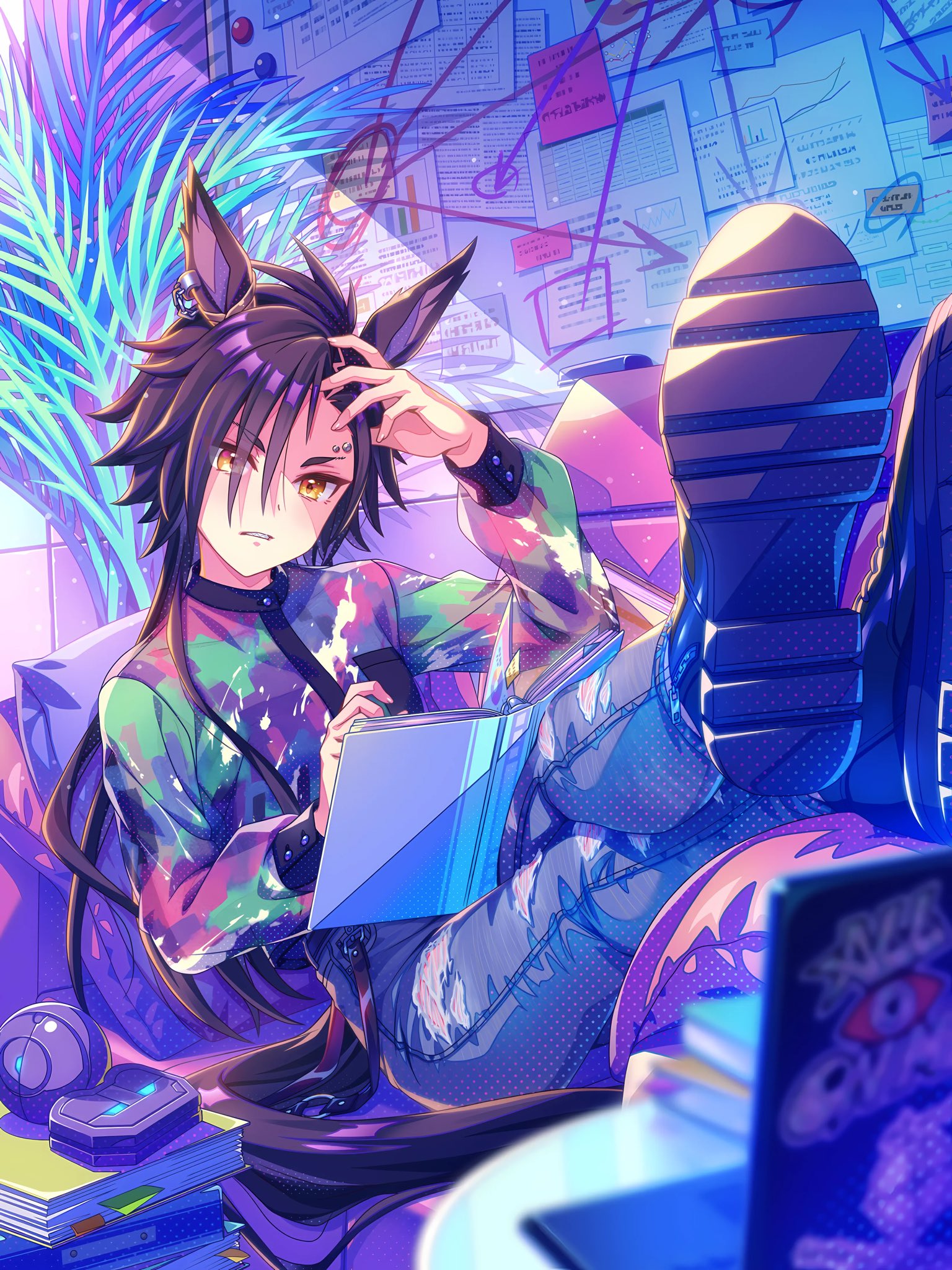air shakur (umamusume), umamusume, highres, official art, third-party source, 1girl, animal ears, black hair, blurry, blurry foreground, book, boots, casual, computer, couch, cushion, earrings, full body, holding, holding book, horse ears, horse girl, horse tail, jewelry, laptop, legs up, long hair, long sleeves, looking at viewer, orange eyes, pants, piercing, single earring, sitting, solo, tail, torn clothes, torn pants, tsurime