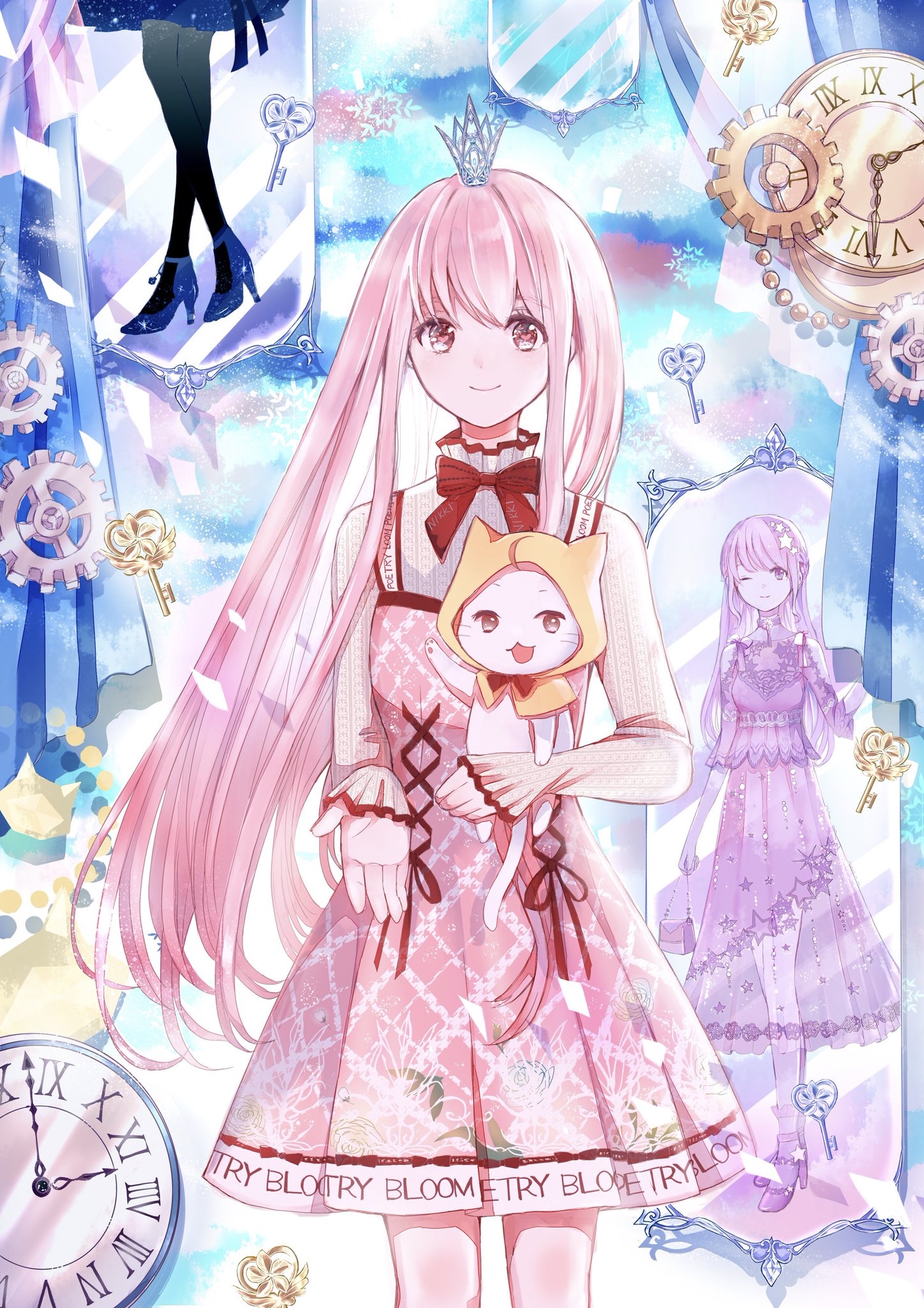 rainoa, bloom poetry (shining nikki), momo (nikki), nikki (nikki), nikki (series), shining nikki, commentary request, highres, 1girl, animal, argyle clothes, argyle dress, bag, bare shoulders, black bow, black pantyhose, blue dress, blue shoes, blue sky, bow, bowtie, cat, clock, closed mouth, clothes writing, clothing cutout, cloud, collared shirt, cowboy shot, cross-laced clothes, cross-laced dress, crown, different reflection, dot nose, dress, dress bow, dress ribbon, eyelashes, floral print, frilled shirt collar, frilled sleeves, frills, full-length mirror, gears, hair ornament, handbag, happy, high collar, high heels, holding, holding animal, holding bag, holding cat, key, knees, light particles, long dress, long hair, long sidelocks, long sleeves, medium dress, meteoric feather (shining nikki), mini crown, mirror, one eye closed, outstretched hand, pantyhose, pink bag, pink dress, pink eyes, pink hair, pink shoes, pleated dress, red bow, red bowtie, red ribbon, reflection, ribbon, see-through clothes, see-through dress, shirt, shoes, shoulder cutout, sidelocks, sky, sleeves past wrists, smile, snowflakes, solo, standing, star (symbol), star hair ornament, star print, starry sky print, tareme, twinkle twinkle (shining nikki), very long hair, white cat, white shirt
