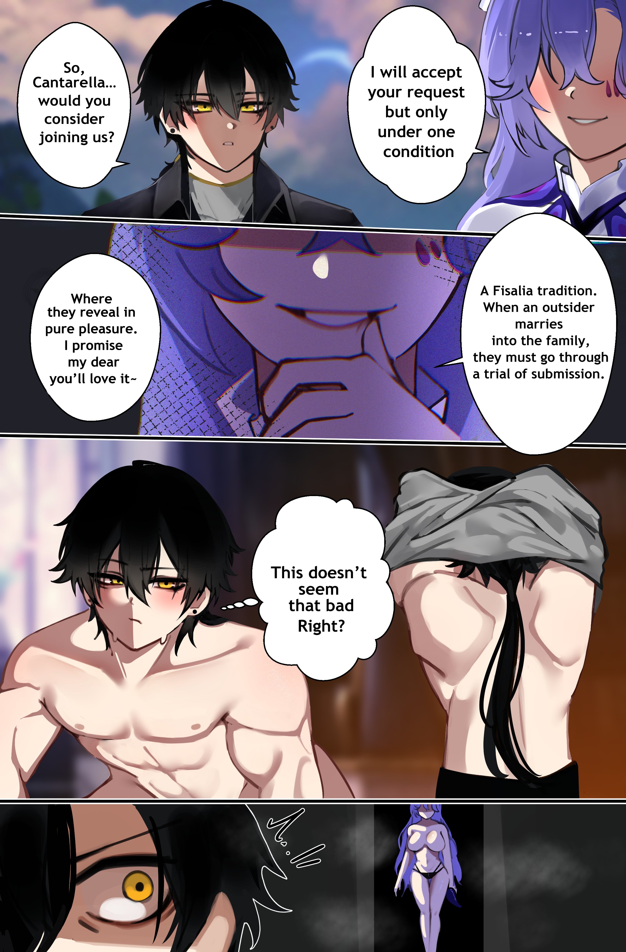 naykainaw, cantarella (wuthering waves), male rover (wuthering waves), rover (wuthering waves), wuthering waves, absurdres, commentary, commission, english commentary, highres, 1boy, 1girl, black hair, breasts, closed mouth, english text, facial mark, hair between eyes, large breasts, long hair, low ponytail, no eyes, parted lips, ponytail, purple hair, shoulder blades, smile, toned, toned male, topless female, undressing, yellow eyes