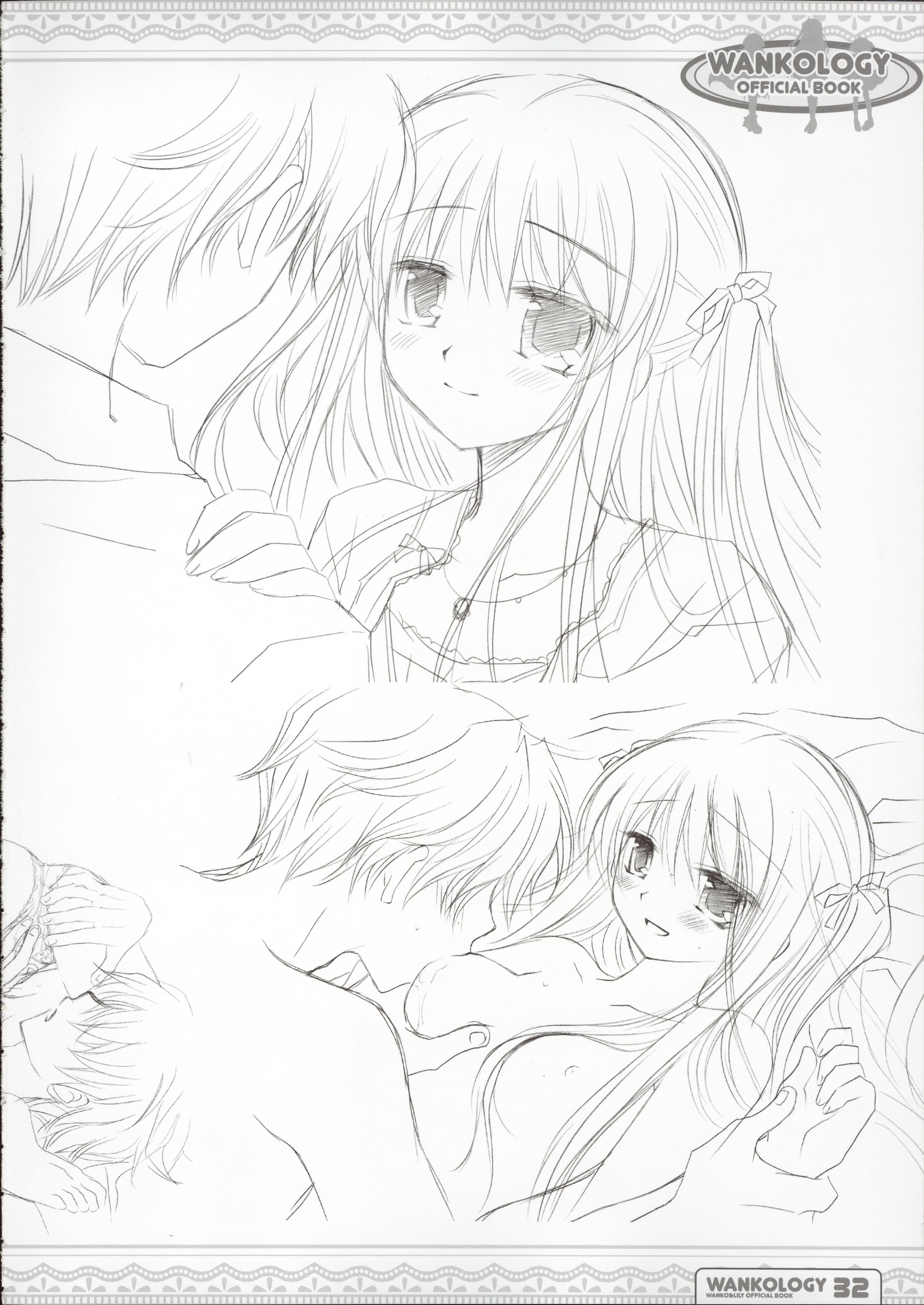 sakurazawa izumi, touko (wanko to lily), wanko to lily, absurdres, highres, tagme, 1boy, 1girl, blush, breast sucking, breasts, closed mouth, fingering, hair ribbon, jewelry, long hair, medium breasts, monochrome, necklace, nipple stimulation, nipples, panties, ribbon, short hair, sketch, smile, two side up, underwear