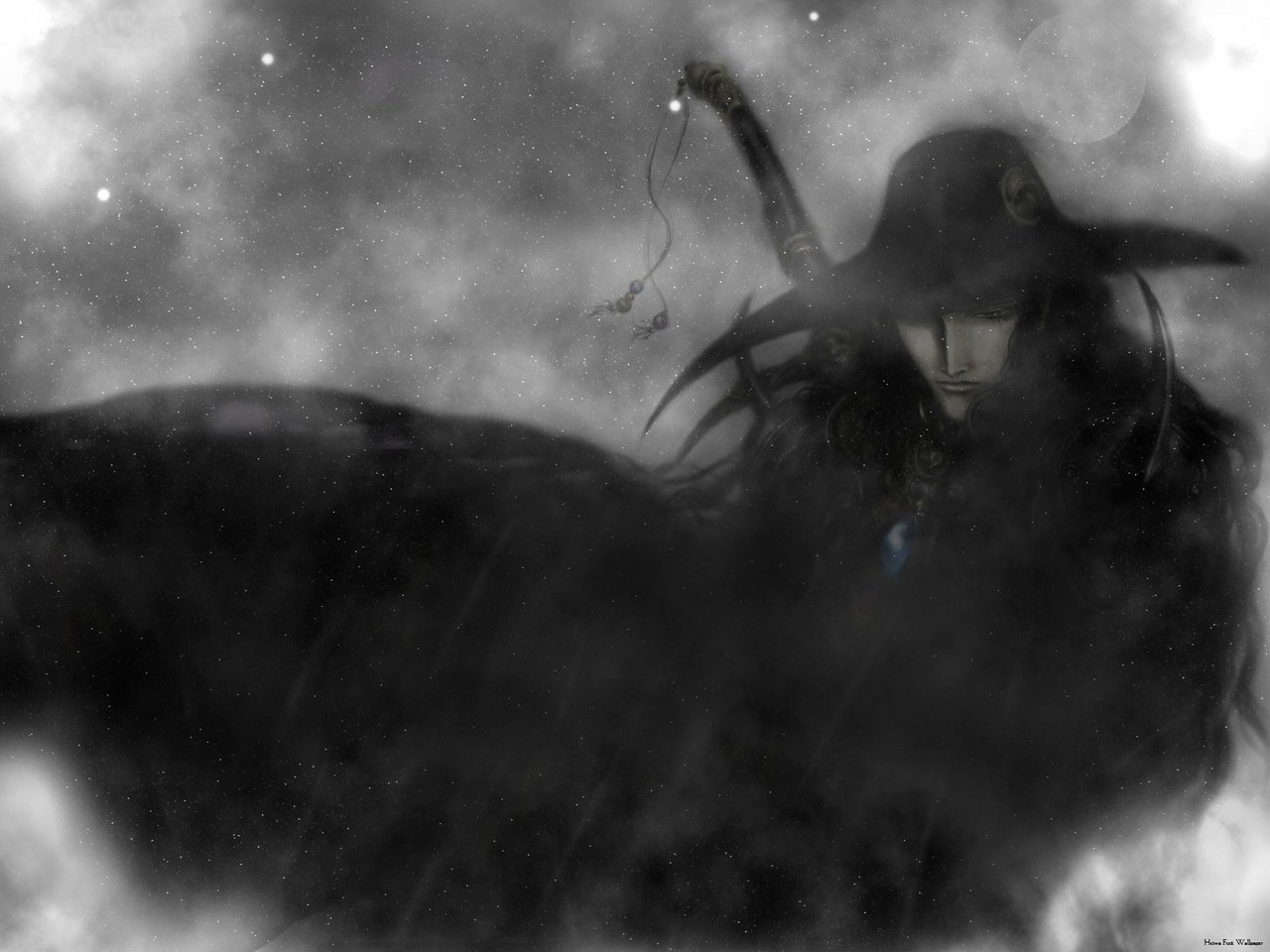 d (vampire hunter d), vampire hunter d, 1boy, fog, hat, male focus, moon, snow, solo