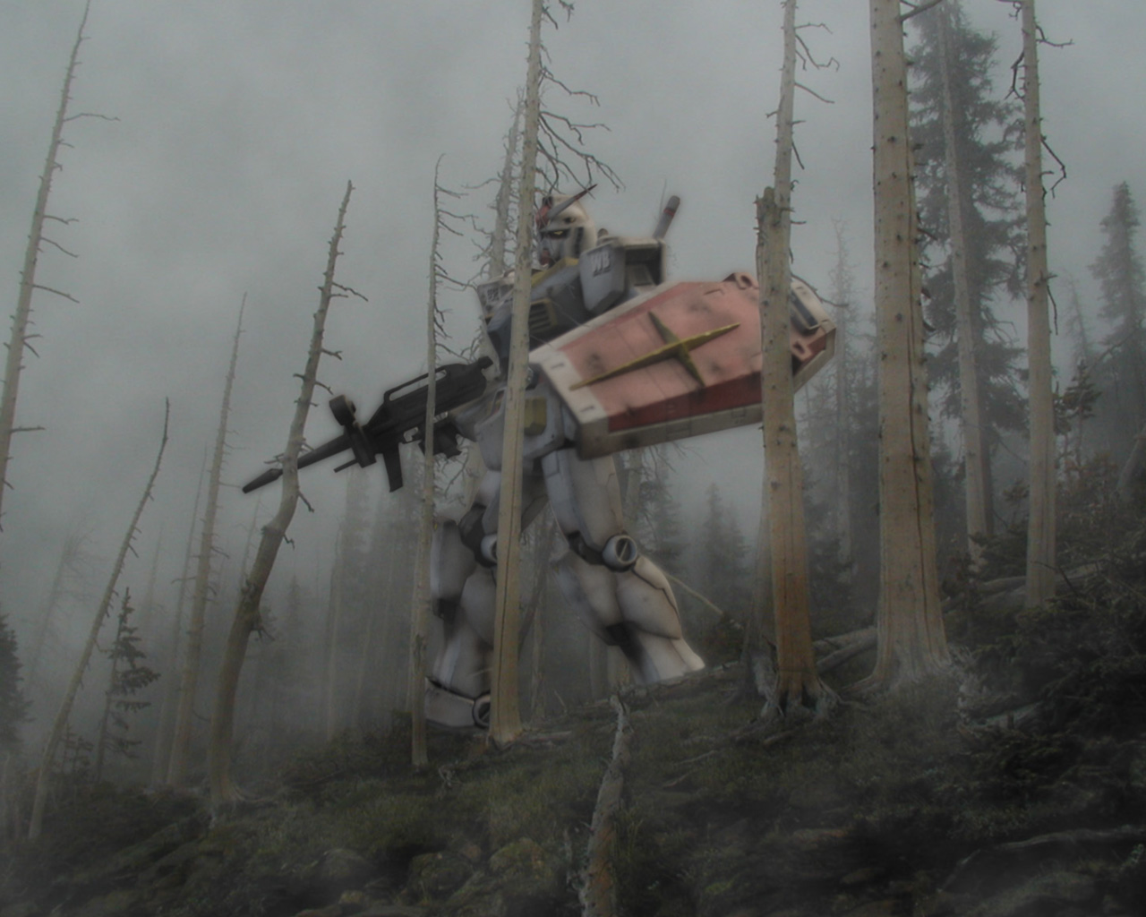 rx-78-2 gundam, gundam, mobile suit gundam, 3d, earth federation, forest, mecha, mecha focus, nature, no humans, outdoors, photorealistic, realistic, robot, science fiction, sky, solo