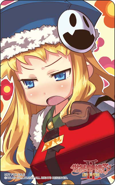 himukai yuuji, gunner (sekaiju), gunner 2 (sekaiju), jack frost (megami tensei), atlus, etrian odyssey, 1girl, blonde hair, blue eyes, female focus, gift, hat, holding, holding gift, solo, tsundere