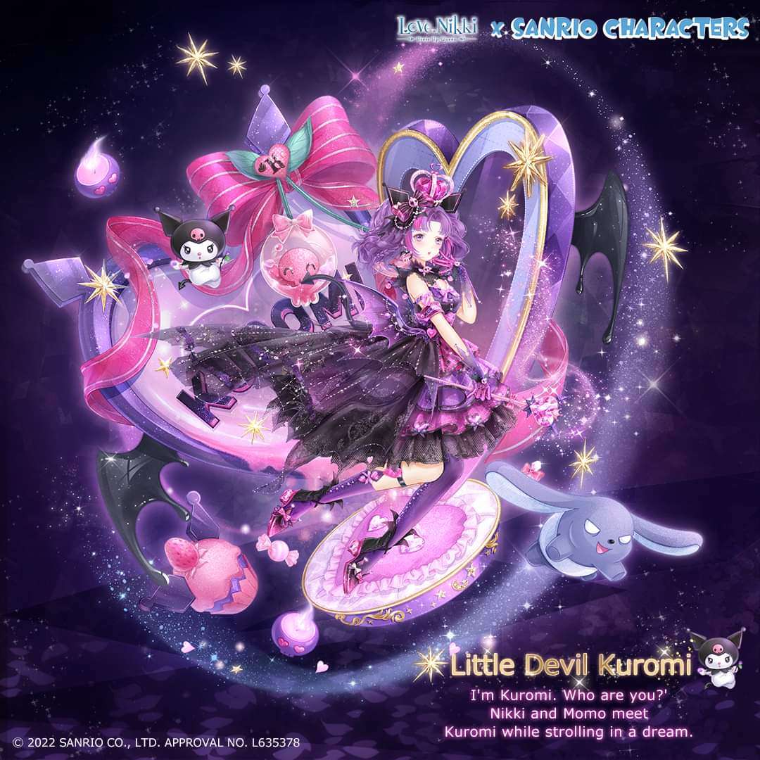 kuromi, miracle nikki, nikki (series), onegai my melody, sanrio, artist request, official art, 1girl, 2022, :o, animal, animal ears, asymmetrical legwear, belt, black belt, black boots, black collar, black wrist cuffs, blunt bangs, boots, character name, collar, company name, copyright name, copyright notice, cosplay, crossover, crown, demon wings, detached collar, detached sleeves, dress, english text, eyelashes, fake animal ears, floating, frilled dress, frilled sleeves, frills, full body, gloves, hand on own cheek, hand on own face, hat ornament, heart, heart hat ornament, high heel boots, high heels, holding, holding wand, kneehighs, kuromi (cosplay), leg belt, light particles, little devil kuromi (miracle nikki), logo, lolita fashion, looking at viewer, medium dress, medium hair, multicolored boots, pantyhose, parted bangs, pink boots, pink crown, pink gloves, purple background, purple dress, purple eyes, purple hair, purple pantyhose, purple sleeves, purple wings, rabbit, short sleeves, single kneehigh, single leg pantyhose, single sock, socks, sparkle, strapless, strapless dress, train (clothing), twintails, two-tone boots, wand, wavy hair, wings, wrist cuffs