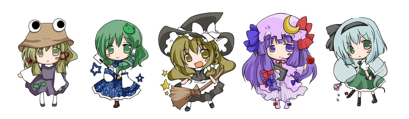 futami yayoi, kirisame marisa, kochiya sanae, konpaku youmu, konpaku youmu (ghost), moriya suwako, patchouli knowledge, touhou, black legwear, silver hair, white legwear, long image, wide image, 5girls, :<, blonde hair, blush stickers, bow, broom, chibi, detached sleeves, dress, female focus, flower, frog hair ornament, gohei, green eyes, green hair, hair bow, hair ornament, hair ribbon, hair tubes, hairband, hat, hat ribbon, hitodama, katana, long hair, long sleeves, multiple girls, open mouth, puffy short sleeves, puffy sleeves, purple eyes, purple hair, ribbon, short hair, short sleeves, simple background, snake hair ornament, star (symbol), striped clothes, striped dress, sword, weapon, white background, witch hat, yellow eyes