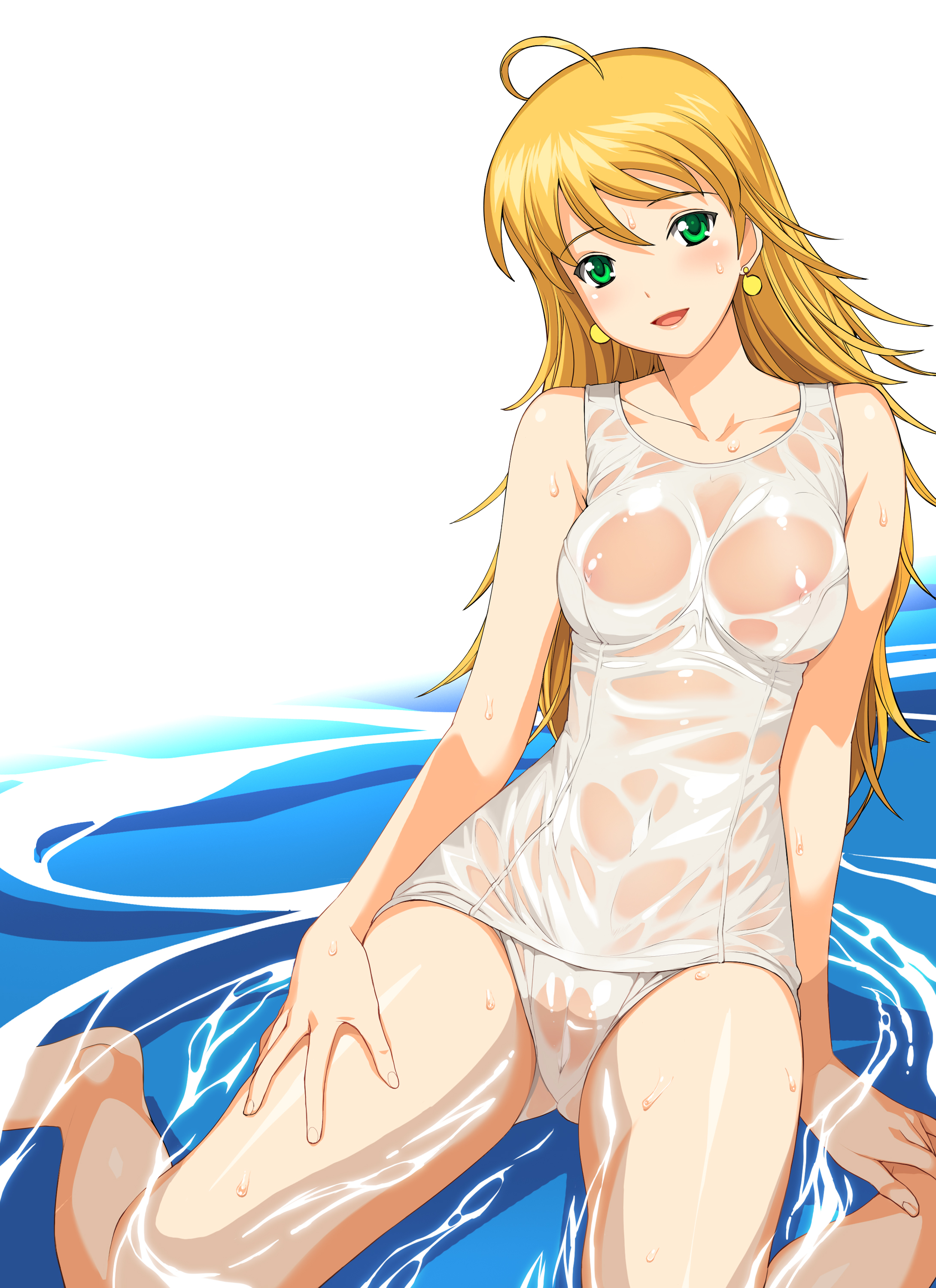 a1 (initial-g), hoshii miki, idolmaster, idolmaster (classic), idolmaster 1, absurdres, highres, 00s, 1girl, blonde hair, blush, cameltoe, earrings, female focus, green eyes, jewelry, kneeling, long hair, one-piece swimsuit, school swimsuit, see-through clothes, sitting, solo, swimsuit, water, white one-piece swimsuit, white school swimsuit
