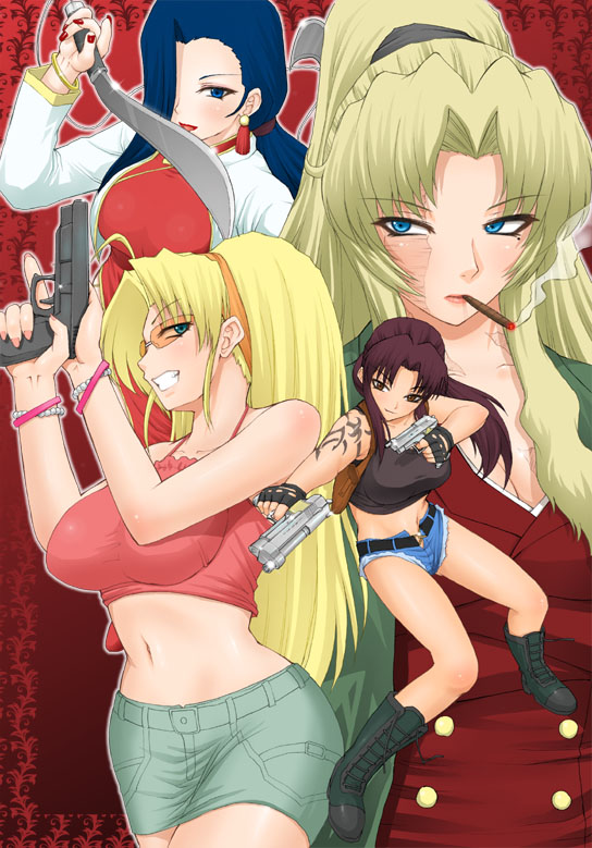 balalaika (black lagoon), eda (black lagoon), revy (black lagoon), shenhua, black lagoon, blade, 00s, 4girls, beretta 92, blonde hair, blue eyes, blue hair, boots, breasts, brown eyes, brown hair, burn scar, cigar, cigarette, cutoffs, denim, denim shorts, dual wielding, glock, gun, handgun, hands on own hips, holding, holster, knife, kukri, large breasts, midriff, mole, mole under eye, multiple girls, nail polish, pencil skirt, pistol, ponytail, scar, scar across eye, scar on face, semi-automatic pistol, shorts, shoulder holster, skirt, smoking, sunglasses, tattoo, weapon