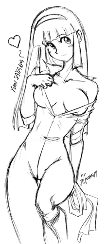 jilpoong17, yumi sayaka, mazinger (series), mazinger z, mazinkaiser, toei company, lowres, 1girl, bare shoulders, blunt bangs, blush, bodysuit, boots, breasts, breasts apart, character name, female focus, greyscale, hairband, head tilt, heart, holding, knee boots, leg lift, long hair, looking at viewer, monochrome, naughty face, no bra, off shoulder, open bodysuit, open clothes, sash, sidelocks, signature, simple background, sketch, smile, solo, spoken heart, standing, thigh gap, undressing