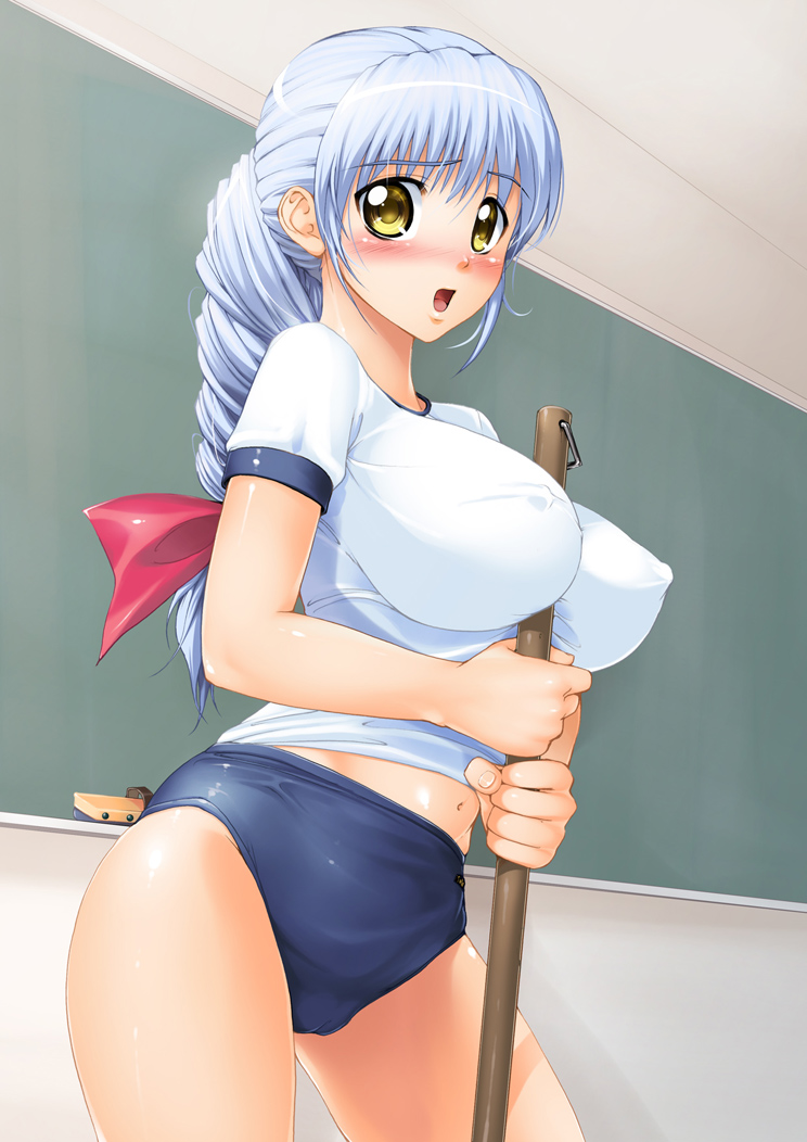 shinozuka jouji, satou yoshimi, tsuyokiss, 1girl, between breasts, blue eyes, blue hair, blush, board eraser, breasts, broom, buruma, chalkboard, covered erect nipples, cowboy shot, female focus, gym uniform, hair ribbon, holding, huge breasts, indoors, long hair, matching hair/eyes, navel, nose blush, open mouth, ribbon, short sleeves, solo, yellow eyes