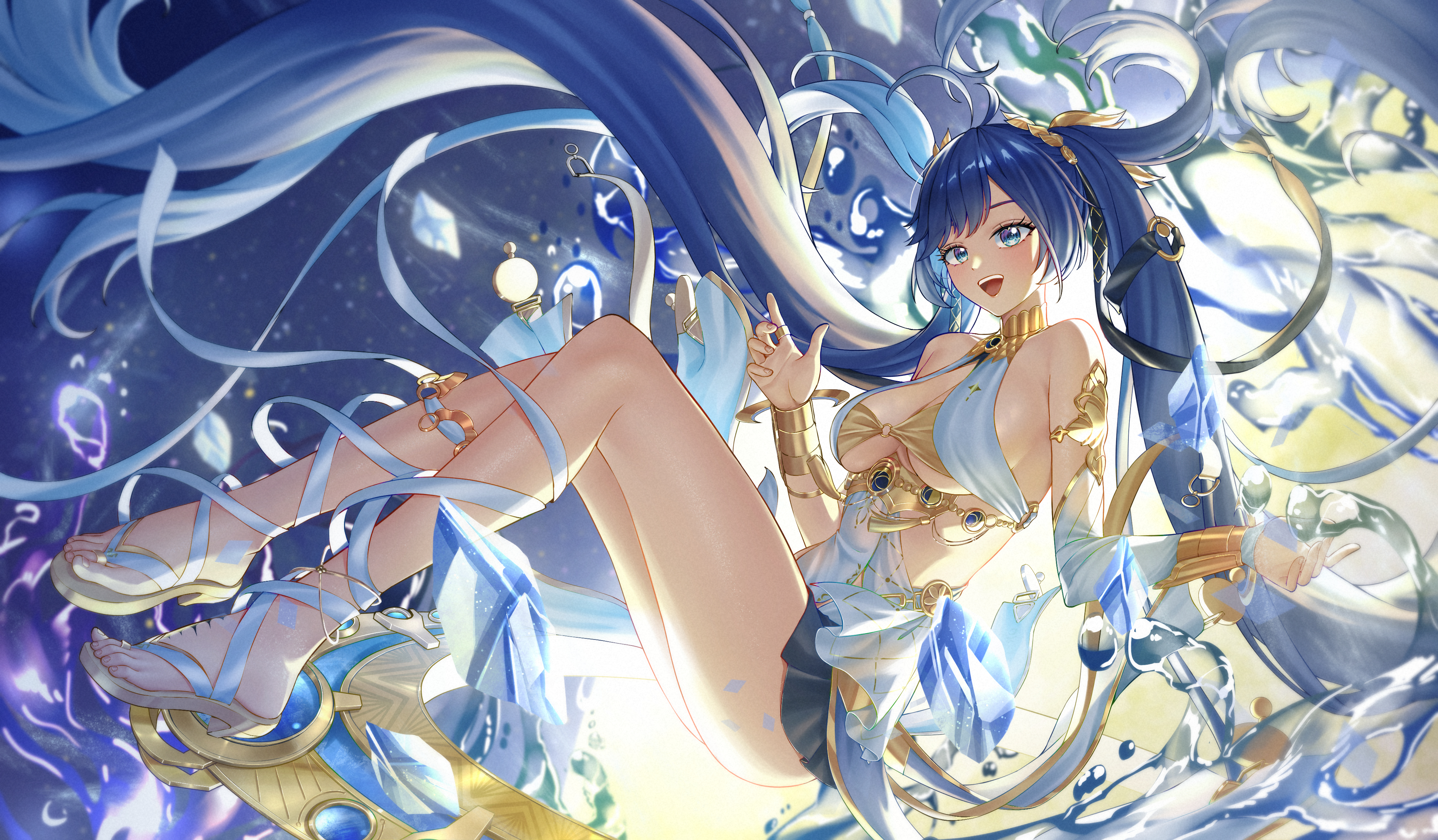 hitpig, iuno (wuthering waves), wuthering waves, absurdres, commentary, highres, 1girl, ahoge, bare legs, bare shoulders, black skirt, blue eyes, blue hair, breasts, cleavage, gold bra, hair belt, head wreath, legs, long hair, looking at viewer, medium breasts, miniskirt, open mouth, sandals, skirt, smile, solo, tacet mark (wuthering waves), thighs, twintails, very long hair