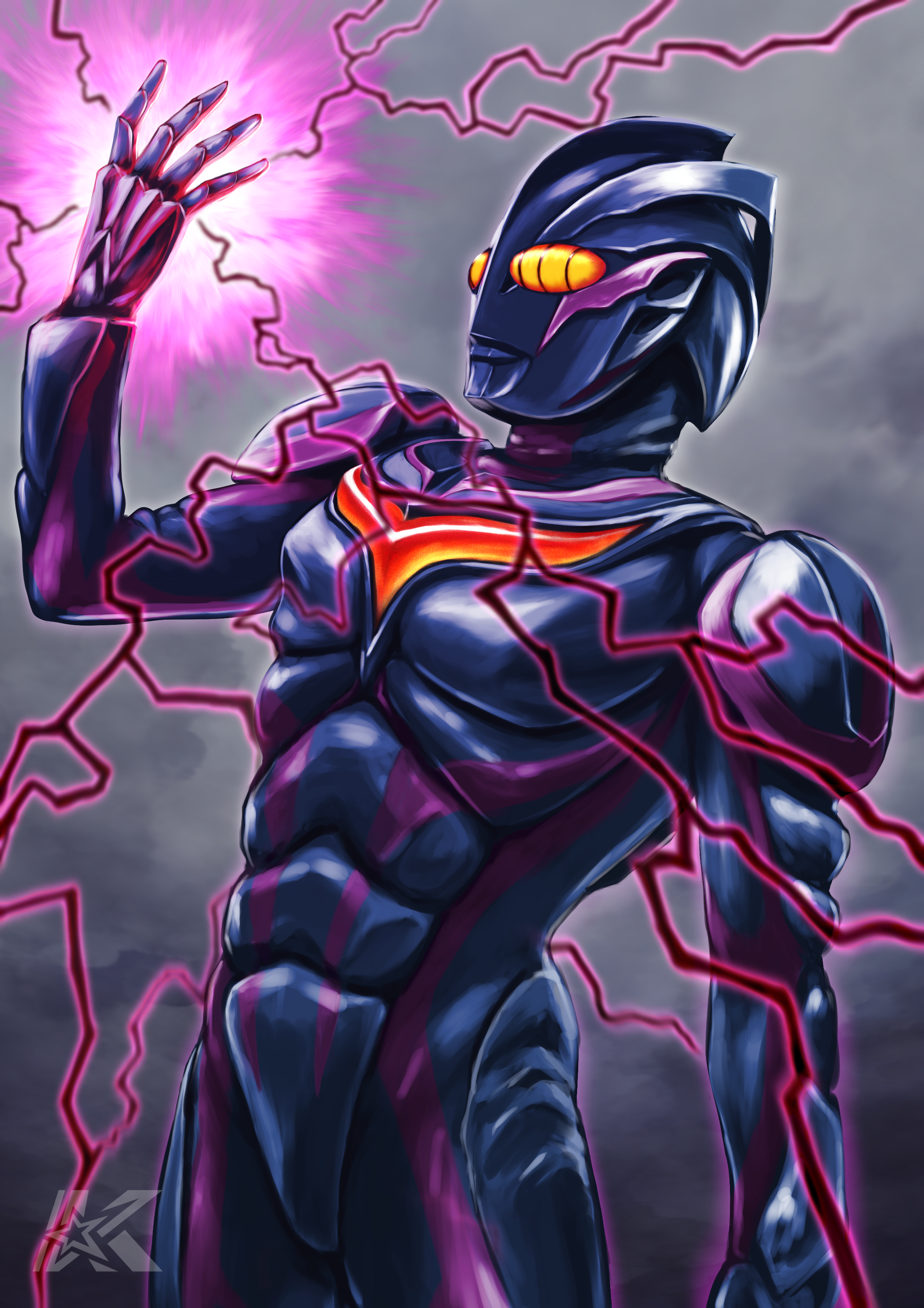 kazuzu-art, dark zagi, tsuburaya productions, ultra series, ultraman nexus (series), absurdres, commentary, highres, 1boy, alien, armor, artist logo, black skin, breastplate, cloud, color timer, colored skin, compound eyes, cowboy shot, crackling energy, dark cloud, doppelganger, dorsal fin, energy, facial mark, full armor, giant, glowing, glowing eyes, glowing hand, hand up, legs together, logo, looking ahead, male focus, multicolored skin, open hand, outdoors, overcast, pectorals, powering up, red eyes, red skin, shoulder armor, shoulder pads, sky, solo, spread fingers, standing, tokusatsu, toned, toned male, two-tone skin, wrinkled skin