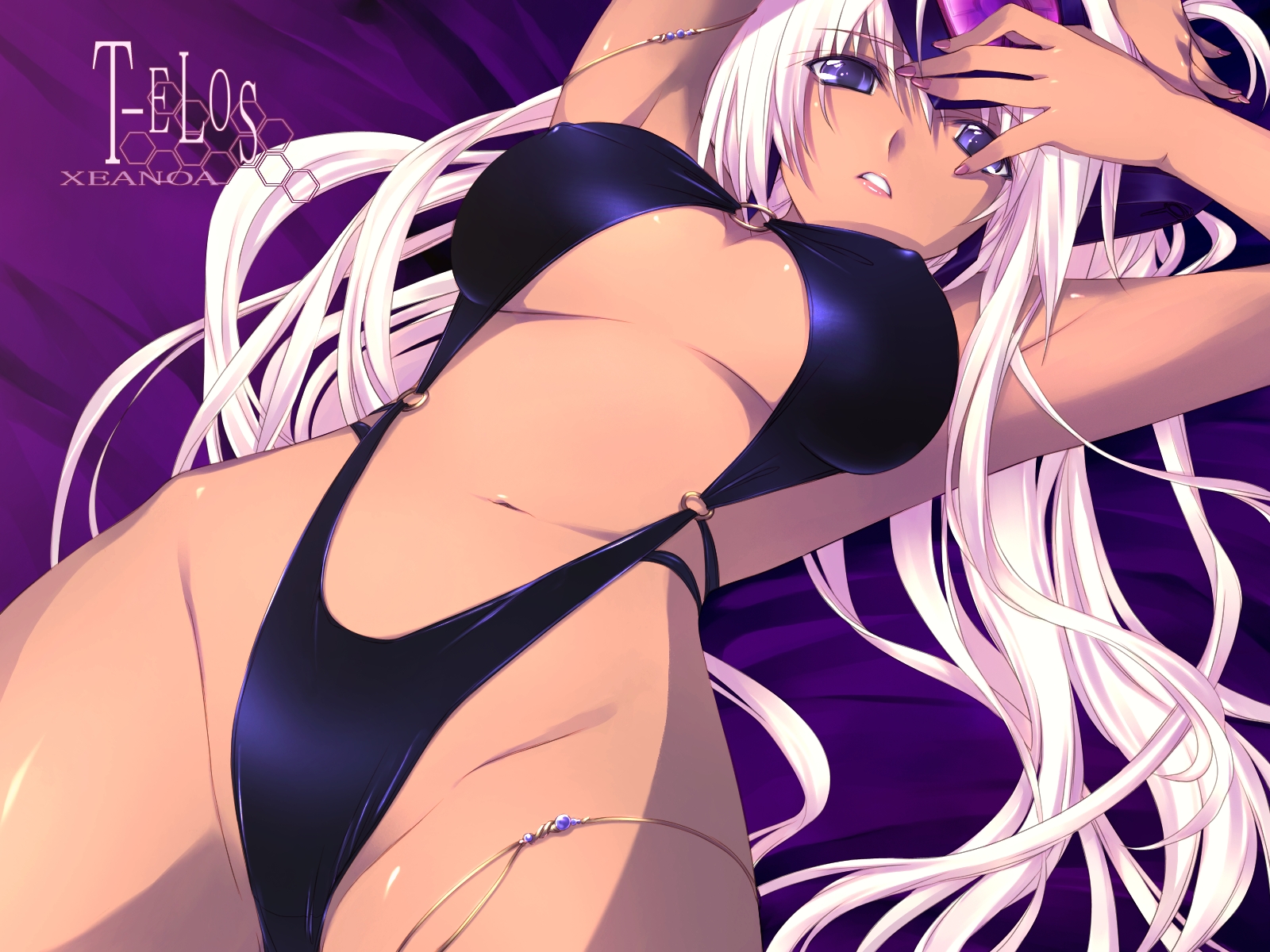 iizuki tasuku, t-elos, xenosaga, xenosaga episode iii, highres, 00s, 1girl, armpits, bikini, breasts, cyborg, dark-skinned female, dark skin, female focus, fingernails, large breasts, long fingernails, long hair, nail (hardware), nail polish, purple nails, slingshot swimsuit, solo, string bikini, swimsuit, tan, underboob