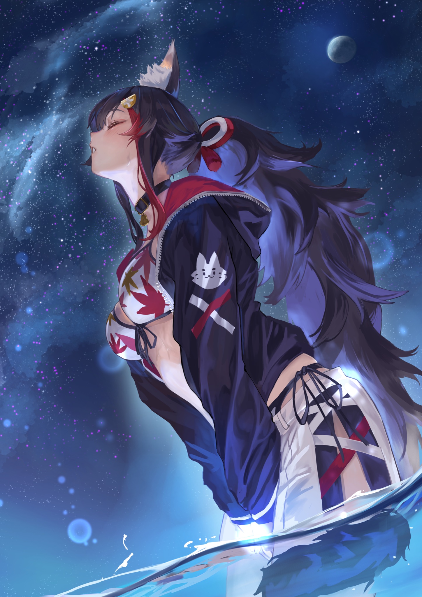 qdx4p, ookami mio, ookami mio (hololive summer 2019), hololive, hashtag-only commentary, highres, 1girl, animal ear fluff, animal ears, bell, between legs, bikini, bikini skirt, black choker, black hair, black jacket, breasts, choker, closed eyes, cowboy shot, from below, from side, hair ornament, hairclip, hand between legs, hood, hood down, hooded jacket, jacket, large breasts, leaf print, long hair, long sidelocks, multicolored hair, neck bell, night, night sky, open clothes, open jacket, outdoors, parted lips, partially submerged, ponytail, red hair, sidelocks, skindentation, skirt, sky, solo, standing, star (sky), starry sky, streaked hair, swimsuit, tail, two-tone hair, v arms, virtual youtuber, wavy hair, white skirt, wolf ears, wolf girl, wolf tail