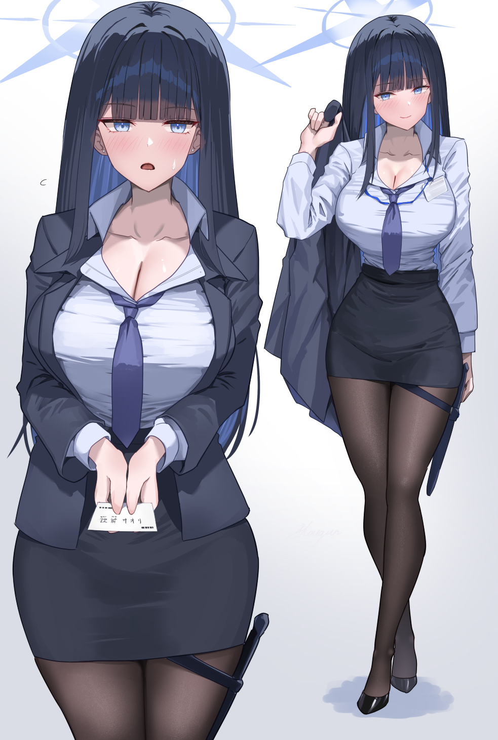 shougun (chuckni1), saori (blue archive), blue archive, commentary request, highres, 1girl, alternate costume, black jacket, black pantyhose, black skirt, blue eyes, blue hair, blue halo, blue necktie, blunt bangs, blush, breasts, business card, cleavage, closed mouth, collared shirt, colored inner hair, cowboy shot, full body, gradient background, halo, holding, holding jacket, holding unworn clothes, jacket, large breasts, long hair, long sleeves, looking at viewer, miniskirt, multicolored hair, necktie, office lady, open mouth, pantyhose, shirt, shirt tucked in, simple background, skirt, smile, standing, unworn jacket