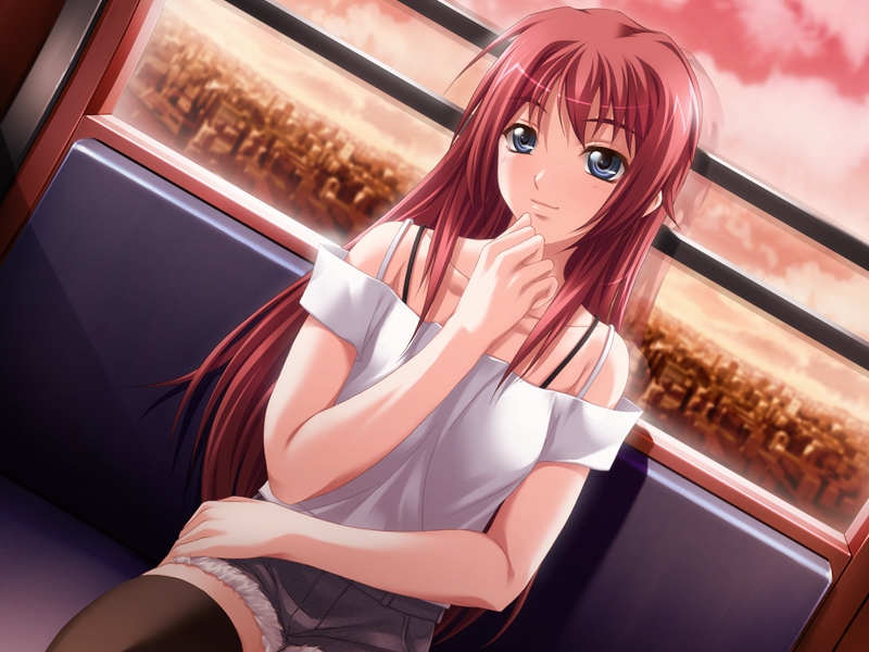 kuraki hiro, misaki raika, wana -hakudaku mamire no houkago-, game cg, 10s, 1girl, black thighhighs, blue eyes, blush, cityscape, cutoffs, denim, denim shorts, dutch angle, female focus, long hair, red hair, shorts, sitting, sky, smile, solo, sunset, thighhighs, train, train interior, very long hair, window, zettai ryouiki