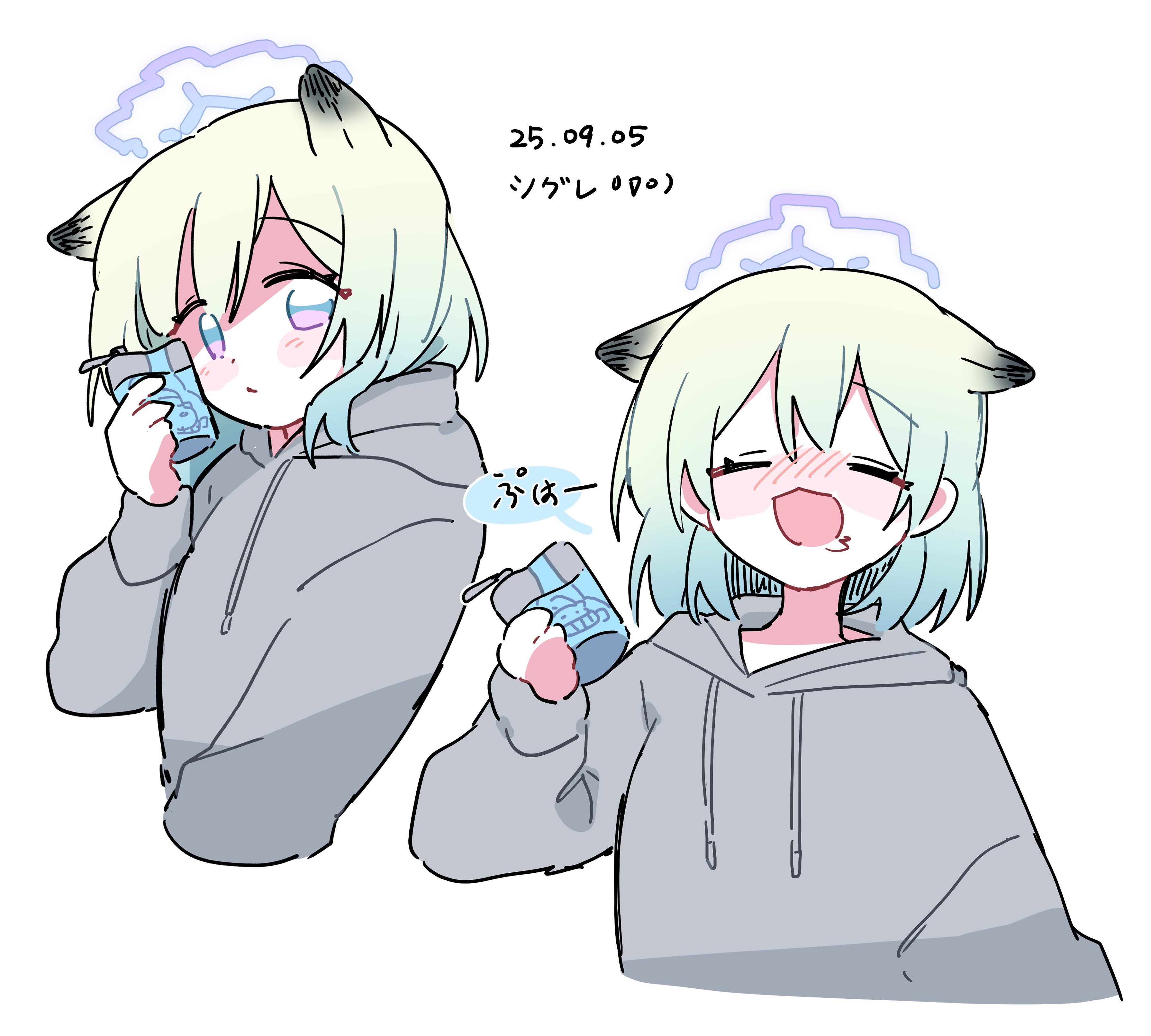 tamago bororo, shigure (blue archive), blue archive, absurdres, highres, 1girl, animal ears, blush, can, closed eyes, closed mouth, cropped torso, dated, drink, green hair, grey hoodie, halo, holding, holding can, holding drink, hood, hood down, hoodie, juice box, long sleeves, multicolored eyes, multiple views, open mouth, purple eyes, short hair, simple background, upper body, weasel ears, white background